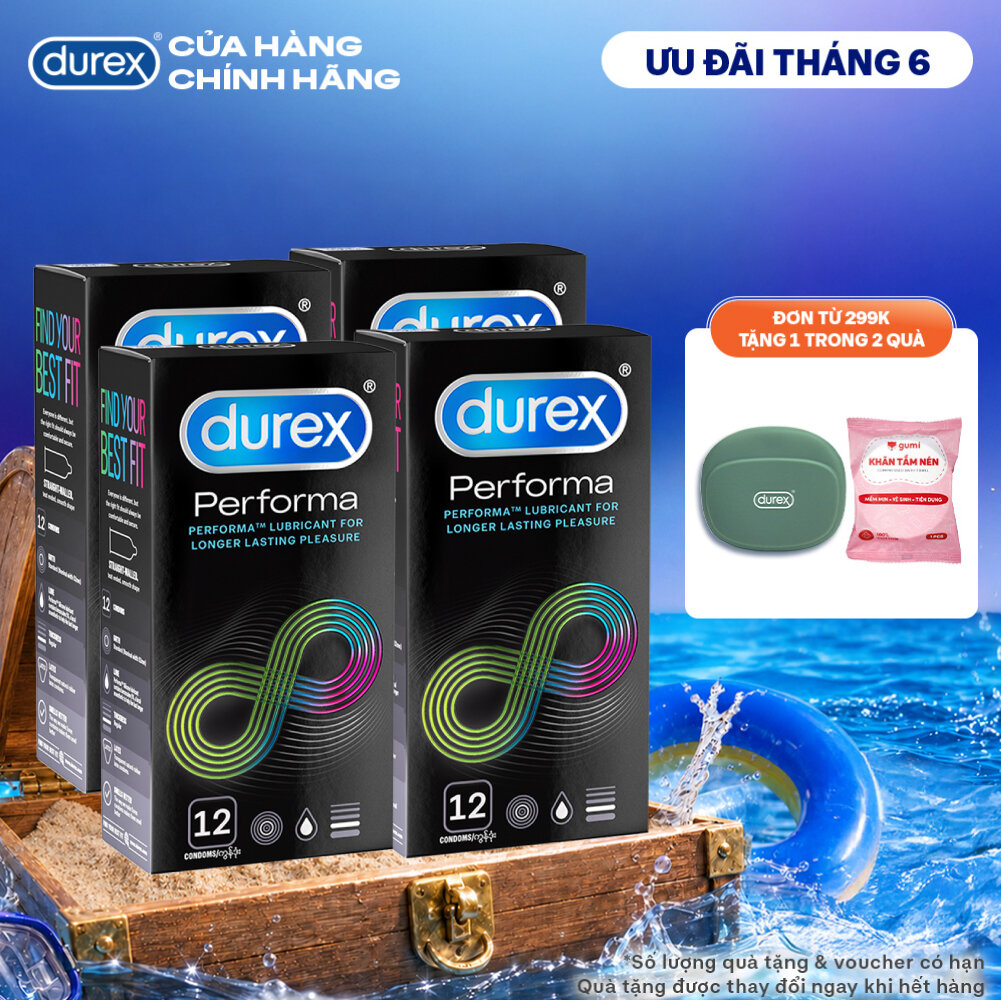 Bộ 4 hộp bao cao su Durex Performa kéo dài thời gian, size 52mm, 12 bao/hộp