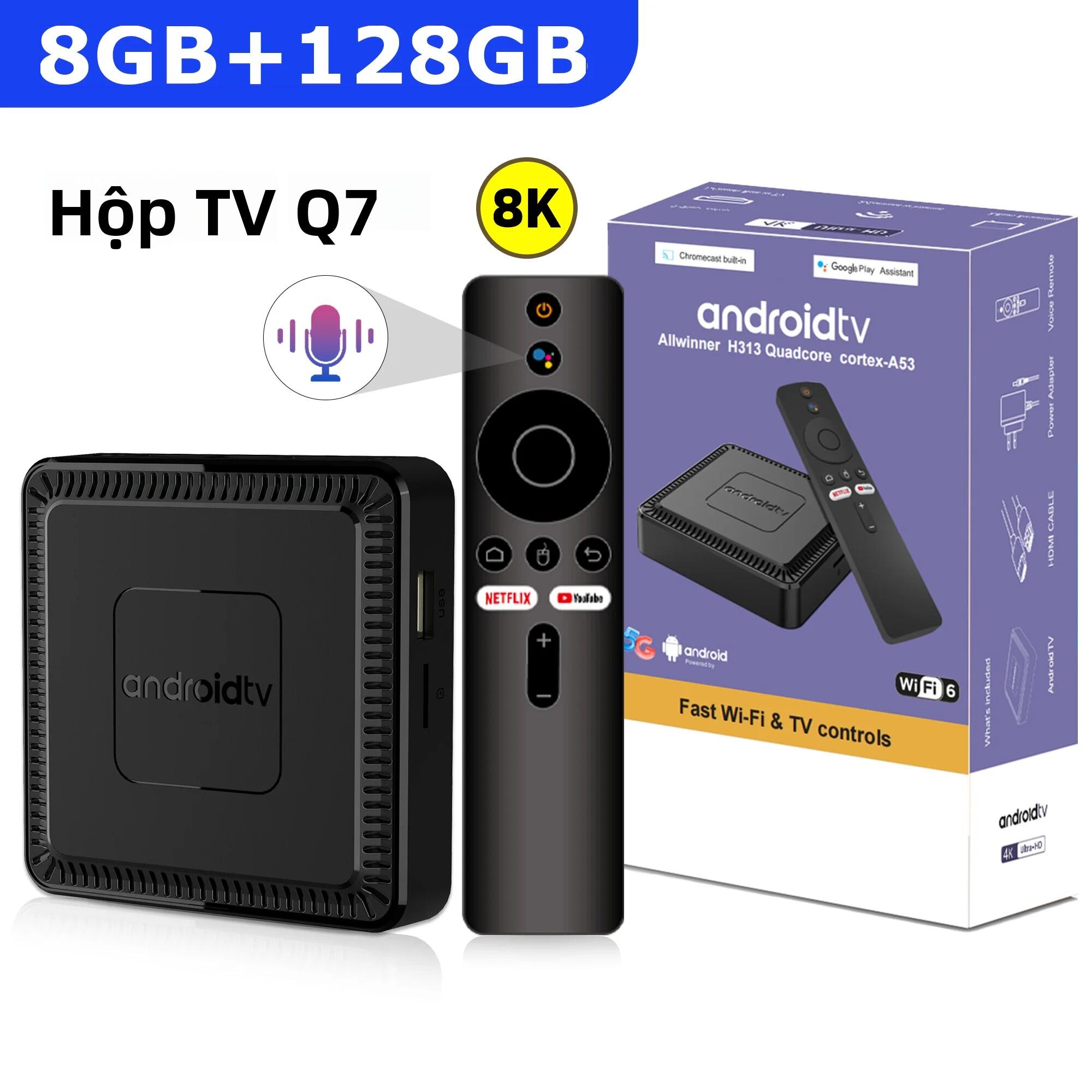 Q7 Android 14 TV Box 8GB+128GB Hộp Giải Mã Thông Minh WiFi 6 Bluetooth 5.0 4K HDR10 Điều Khiển Từ Xa Bằng Giọng Nói Hỗ Trợ Netflix YouTube