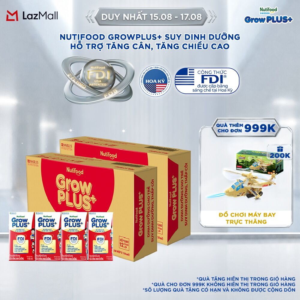 Combo 2 Thùng Sữa Nước Pha Sẵn Nutifood GrowPLUS+ Suy Dinh Dưỡng - Hỗ Trợ Tăng Cân, Tăng Chiều Cao - Trên 1 tuổi  (48 Hộp x 110ml) (Bao bì tùy đợt nhập hàng)