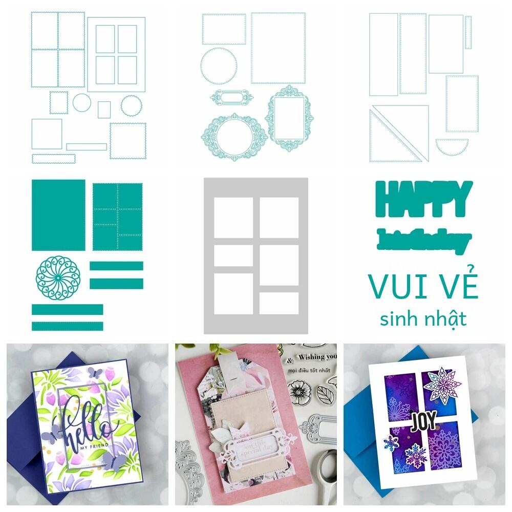 Hỗn Hợp Hình Học Khung Cửa Sổ Chết Sò Hình Chữ Nhật Vòng Tròn Cắt Kim Loại Stencils Cho DIY Thủ Công Với Chúc Mừng Sinh Nhật Từ