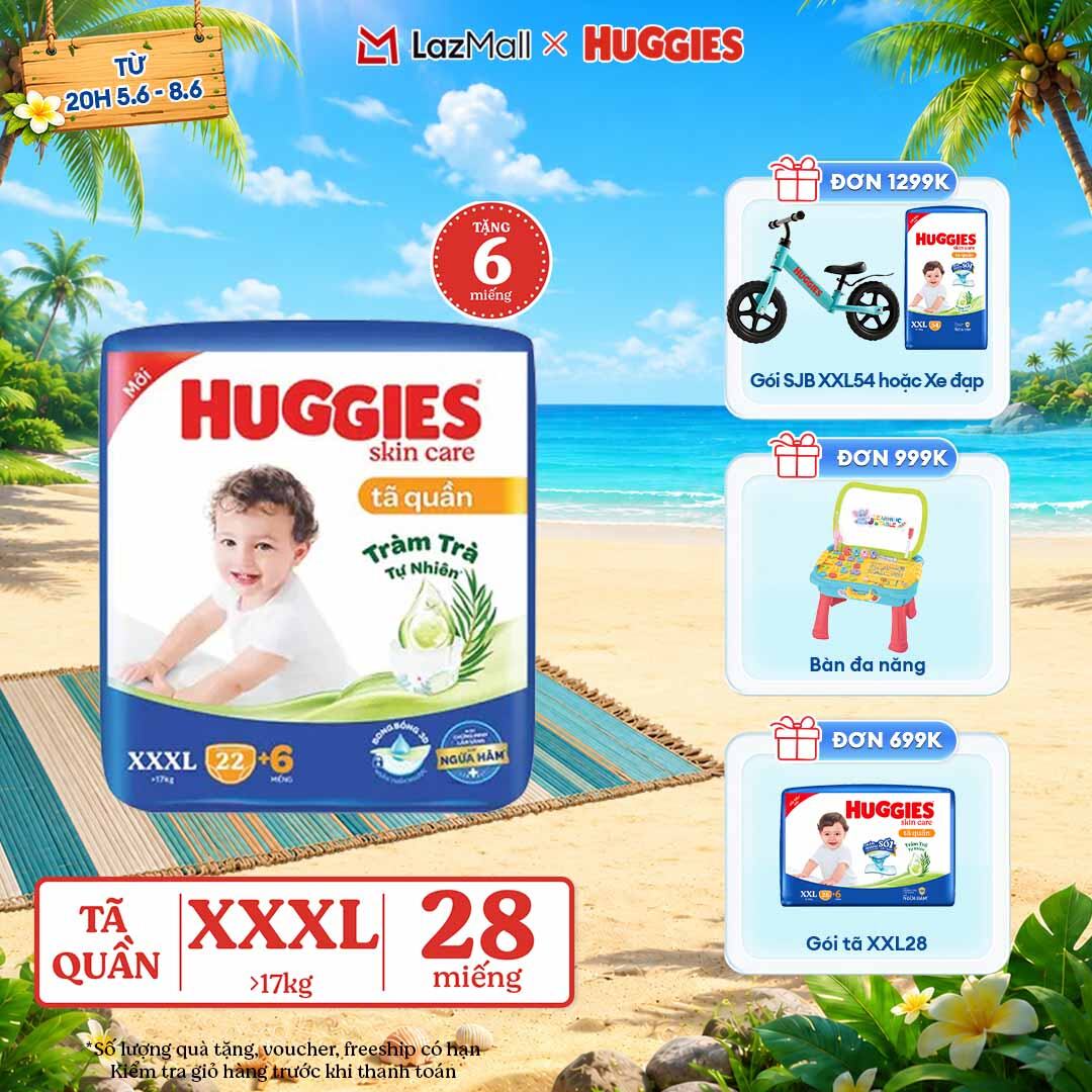 [CHỈ 9-10.6 GIẢM THÊM 90K] Tã/bỉm quần Huggies Skin Care Jumbo XXXL22+6 miếng với tràm trà dịu da