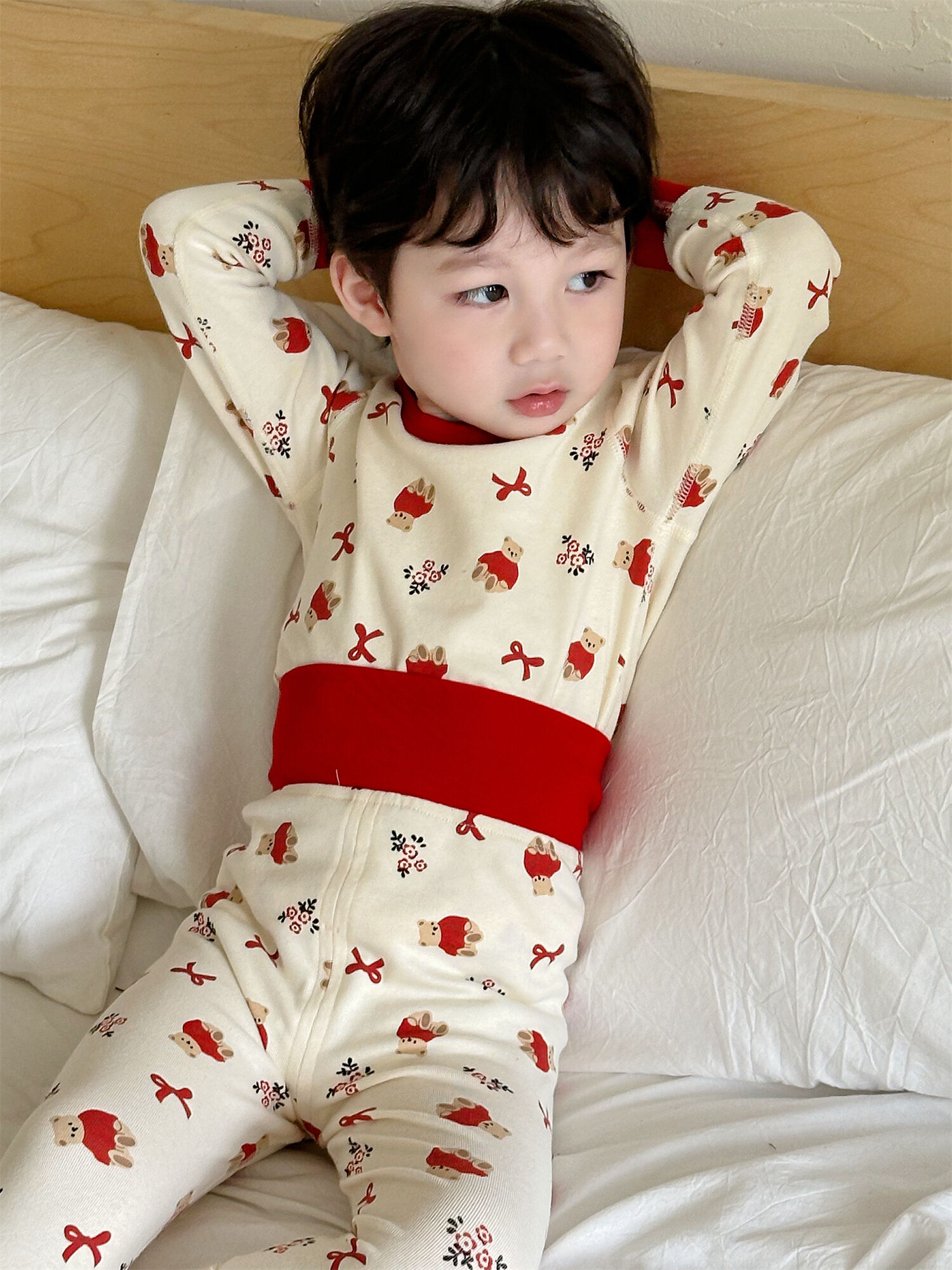 Quần Áo Ngủ Trẻ Em Màu Đỏ Cạp Cao Quần Lót Mùa Đông Mới Cho Bé Trai Và Bé Gái Quần Áo Mặc Nhà Bằng Cotton Pha Lanh