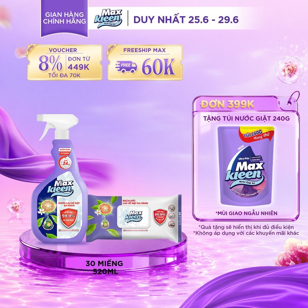 Combo Chai nước lau bề mặt đa năng MaxKleen 520ml + Khăn lau bề mặt đa năng