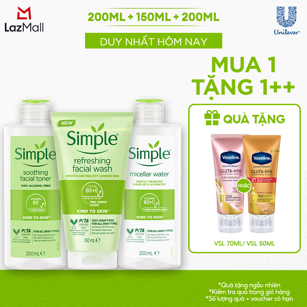 Combo Simple Tẩy trang Micellar 200ml + Sữa rửa mặt 150ml + Nước hoa hồng Toner 200ml cho da sạch khỏe đàn hồi [CHÍNH HÃNG ĐỘC QUYỀN]