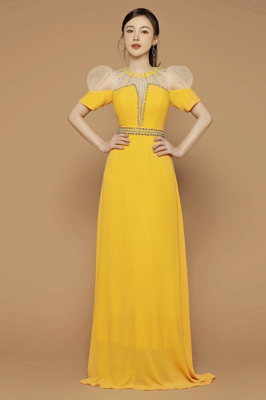 Đầm maxi dạ hội xoè kết pha lê cổ tròn