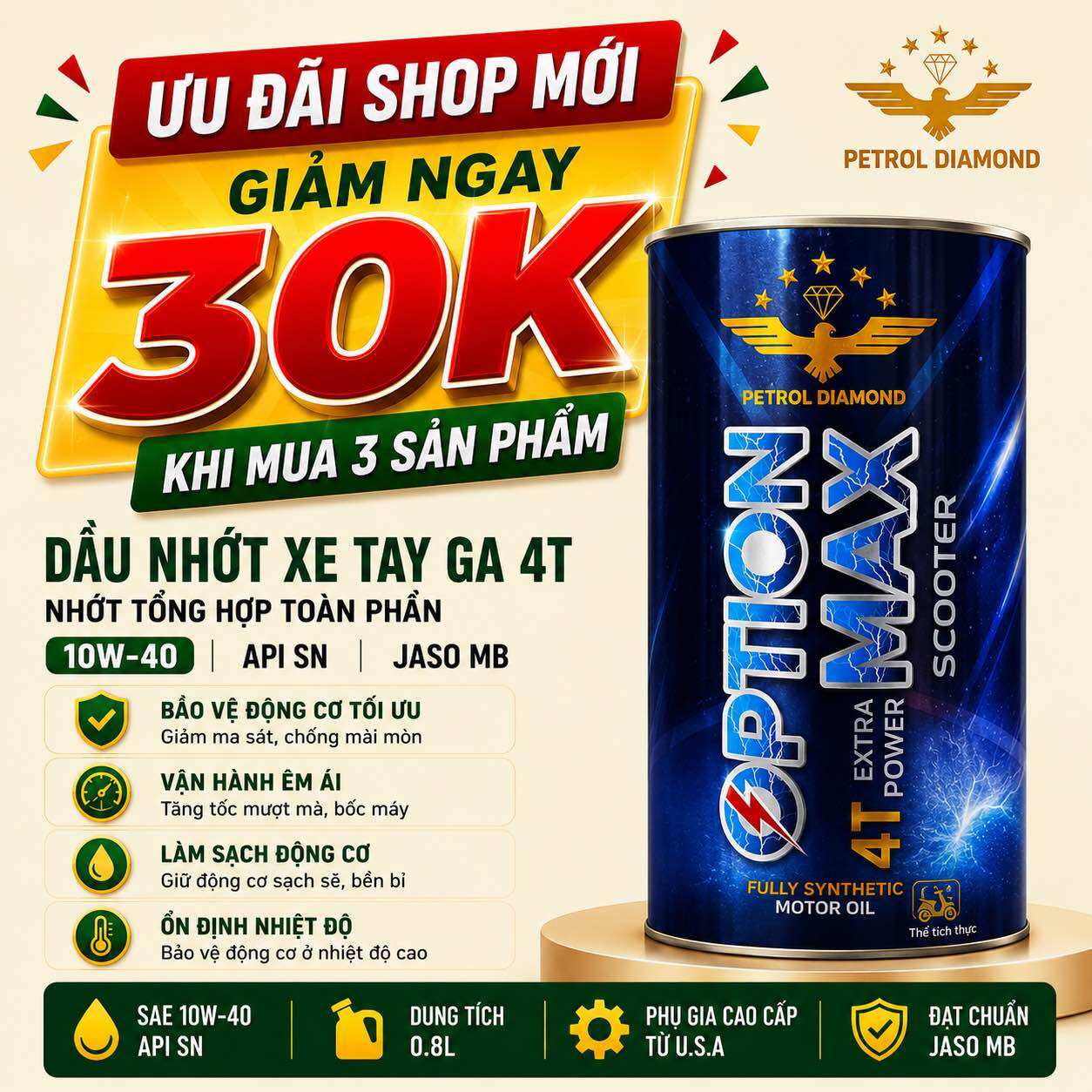 Nhớt Xe Máy Petrol Diamond Option Max Scooter 10W40 API SN JASO MB 0.8L Chuyên Xe Tay Ga