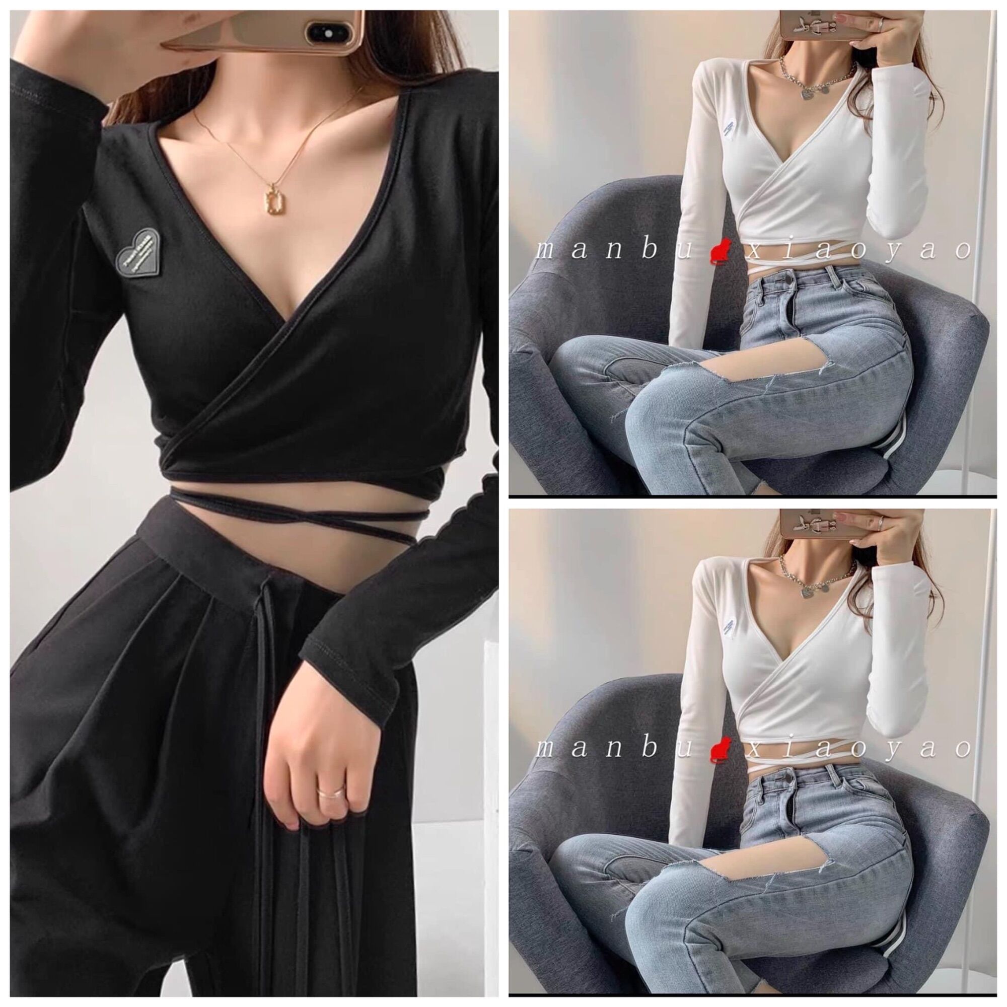 Áo kiểu croptop tay dài sexy phối dây buộc bụng cho nữ