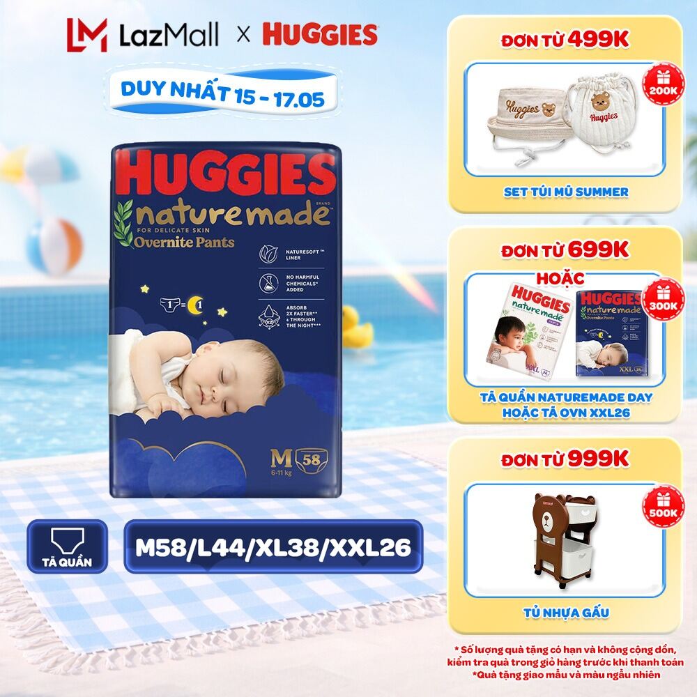 Tã quần Huggies Naturemade ban đêm M58/L44/XL38/XXL26