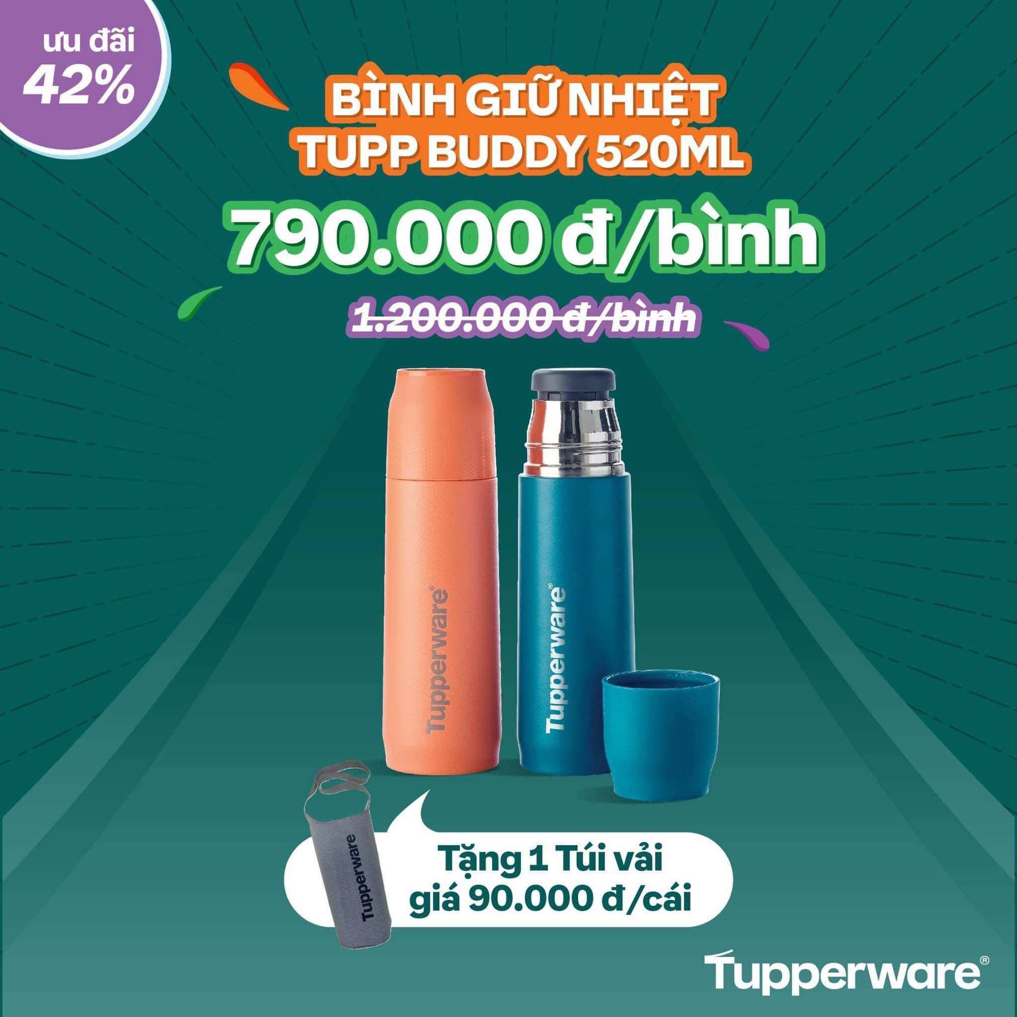 Bình giữ nhiệt Tupp Buddy 520ml + tặng 1 túi đựng