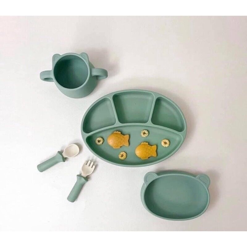 Set ăn dặm bluemama ( khay, cốc gấu, bát gấu, set thìa dĩa)