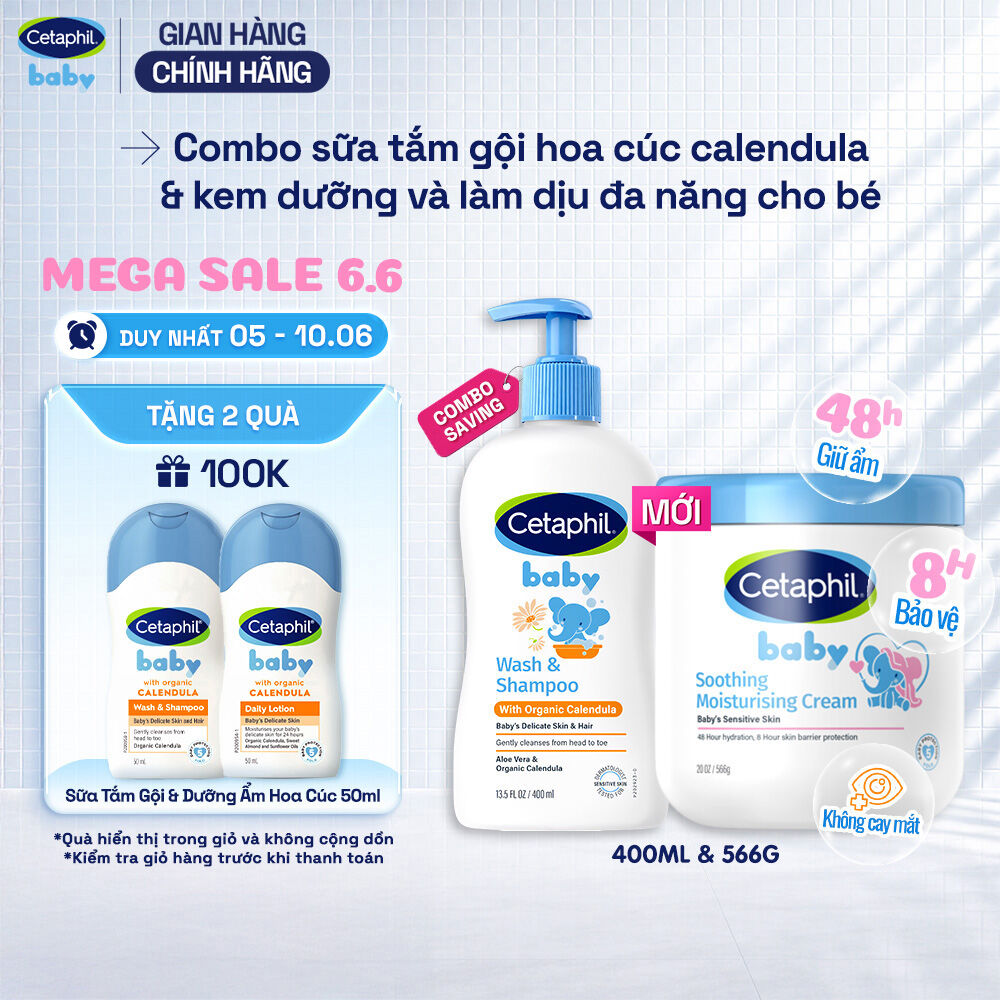Combo Sữa tắm dưỡng ẩm dịu lành cho bé với Calendula hoa cúc hữu cơ CETAPHIL BABY WSHAMPOO CALENDULA 400ML  Kem làm dịu và dưỡng ẩm cho bé Cetaphil Baby Soothing  Moisturising Cream hũ 566g