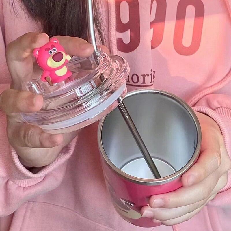 Bình Giữ Nhiệt Gấu Hống🍀FREESHIP🍀Ly Nước Gấu Dâu - Cốc Giữ Nhiệt Gấu Lotso Hồng Kèm Ống Hút