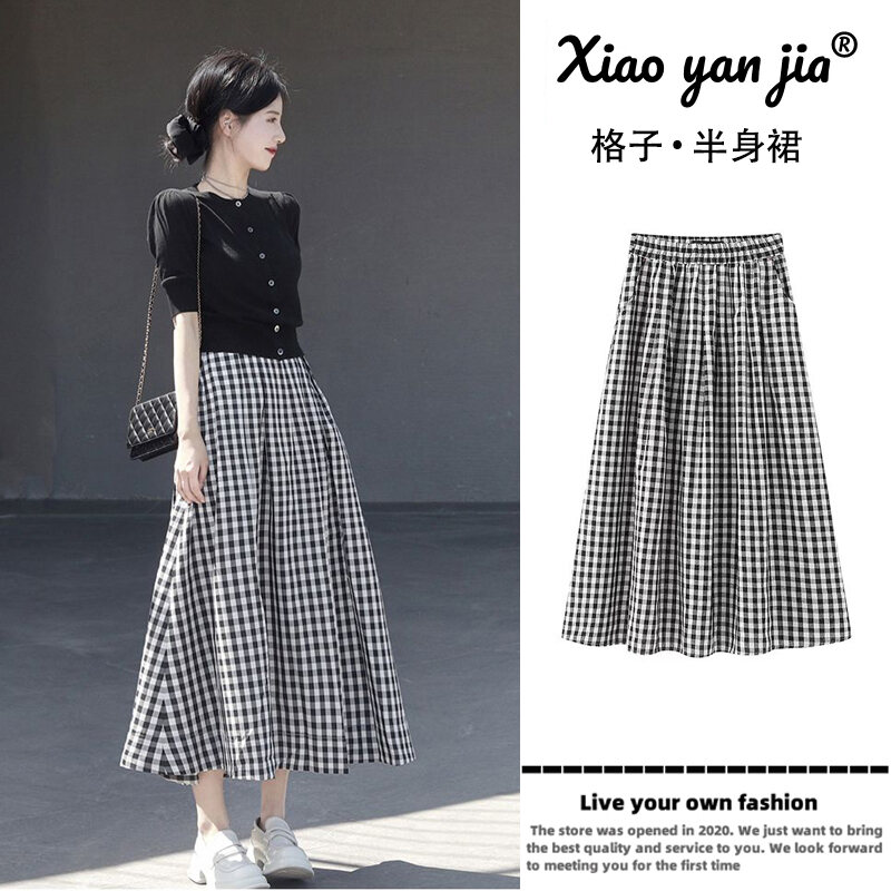 Váy Chữ a Kẻ Caro Đen Trắng Cổ Điển Cho Nữ Cạp Cao Xếp Ly Dài Đến Giữa Bắp Chân Váy Chữ a Ôm Sát Cơ 