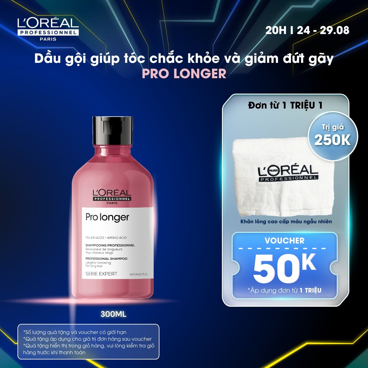 Dầu gội dưỡng tóc dài mềm mượt, chắc khỏe, giảm đứt gãy, chẻ ngọn L'Oréal Professionnel Serie Expert Pro Longer 300ml - Dành cho tóc dài, dễ đứt gãy, chẻ ngọn