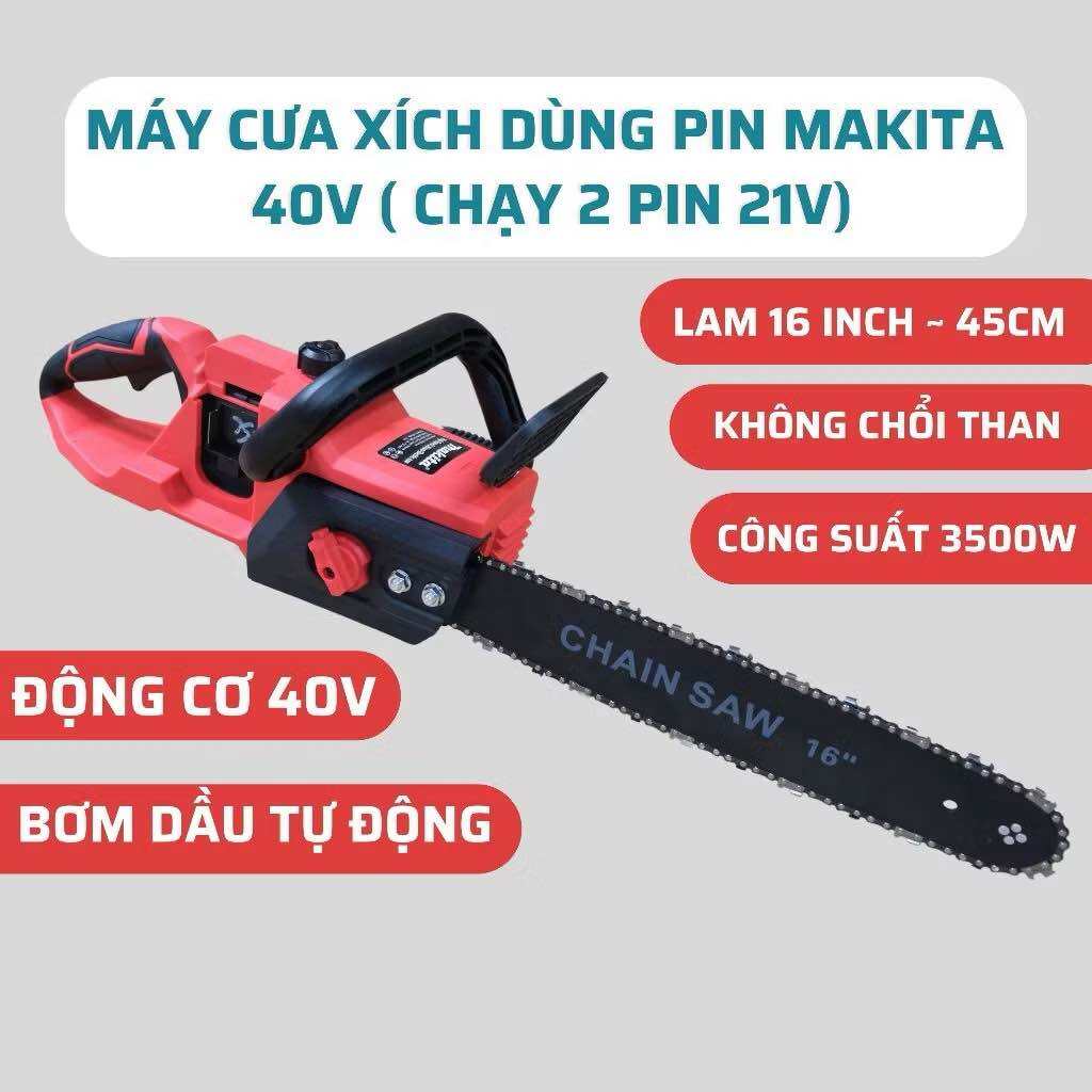 Máy cưa xích chạy pin MAKITA 40V 3500W lam xích 16inch động cơ không chổi than hệ thống bơm nhớt tự động. Tặng dũa
