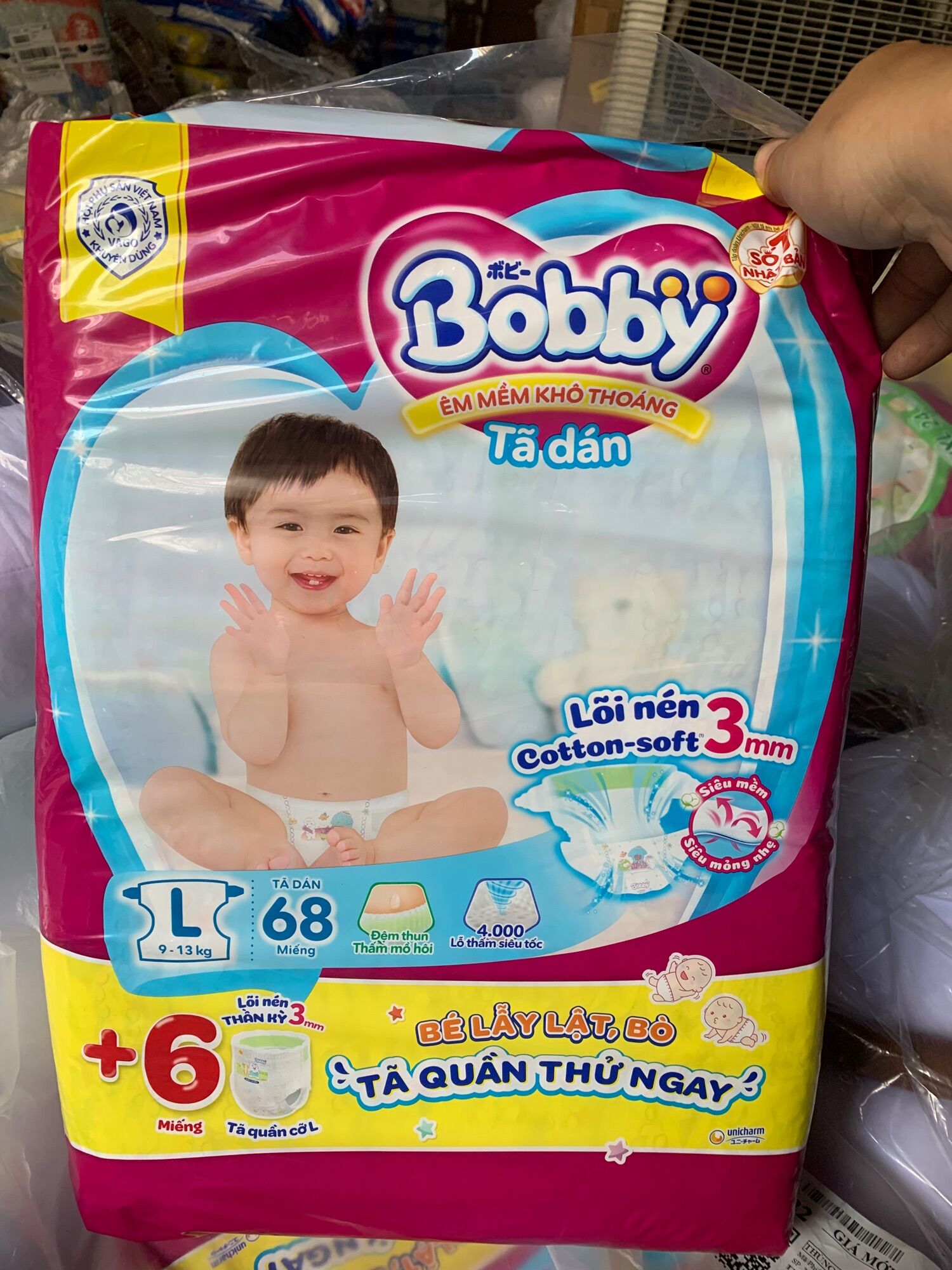 Tã dán bobby siêu thấm L68+6 mẫu mới lõi nén