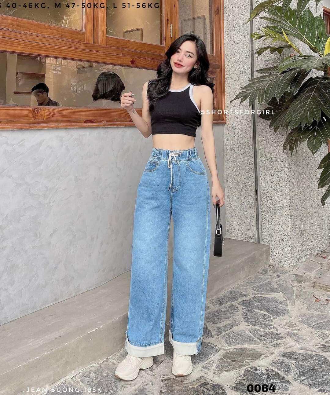 Quần Jean Nữ Ống Đứng Lưng Thun