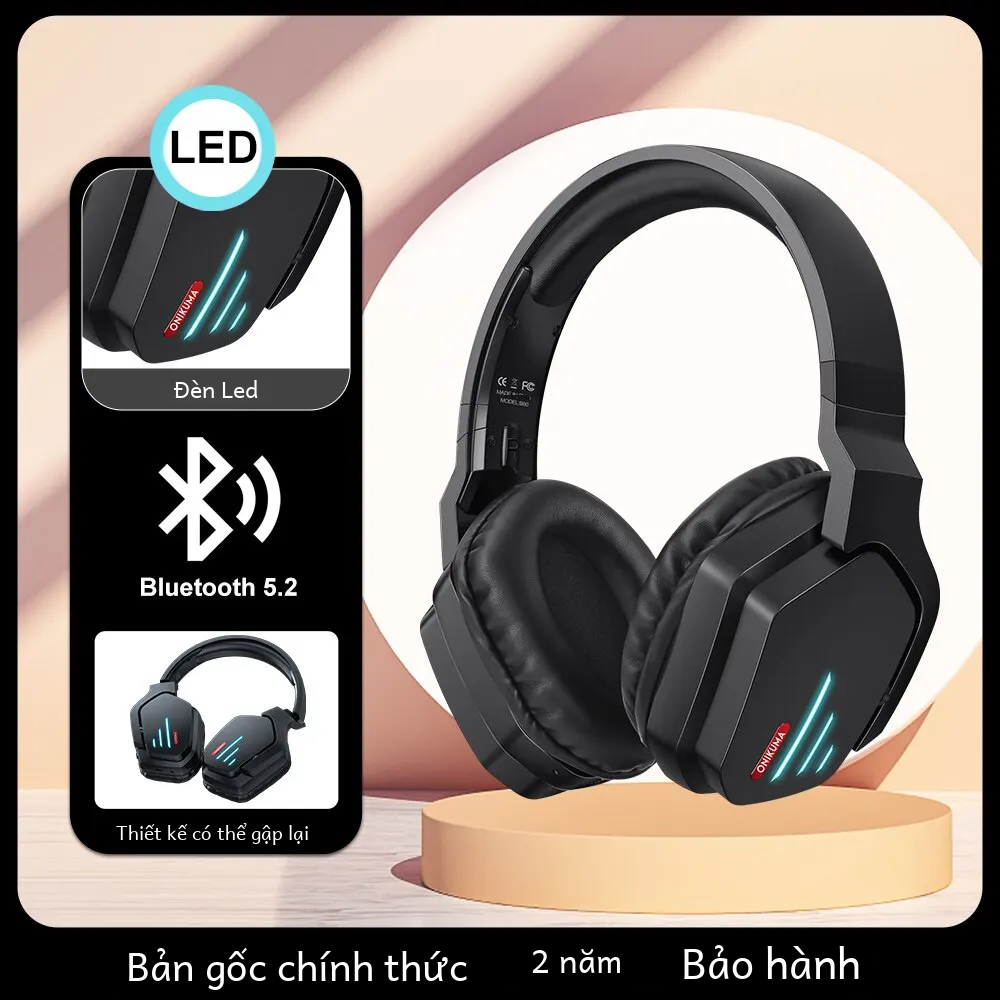 Tai nghe chơi game không dây Onikuma có đèn LED có thể gập lại Pc Ps5 Tai nghe chuyên nghiệp tương thích có micrô Bluetooth 5.2 Phạm vi 10m-20m