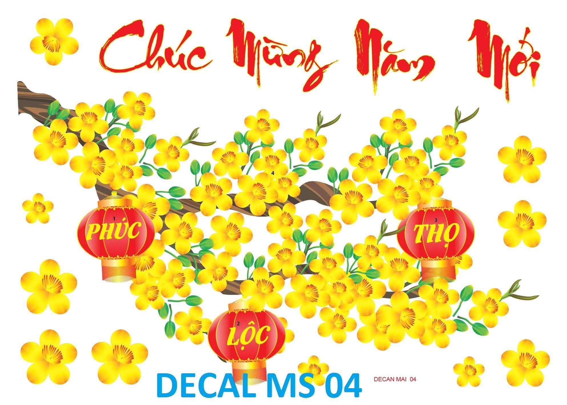 Decal dán tường trang trí tết - Tranh dán tường trang trí tết, năm mới có keo sẵn