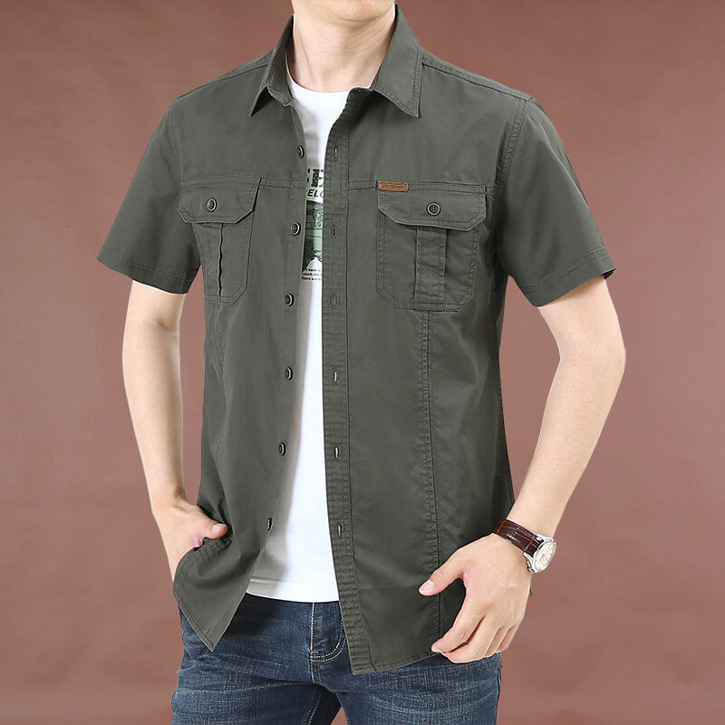 Trang Phục Đi Làm Thời Trang Nam Giới Mùa Hè Áo Sơ Mi Ngắn Tay Áo Sơ Mi Nam Mỏng Mặc Thường Ngày Có Túi Cotton Rộng Rãi Thời Trang