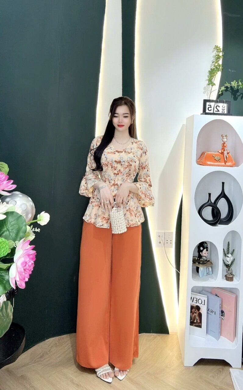 Bộ bà ba cổ tim tay loe chất lụa mango loại 1