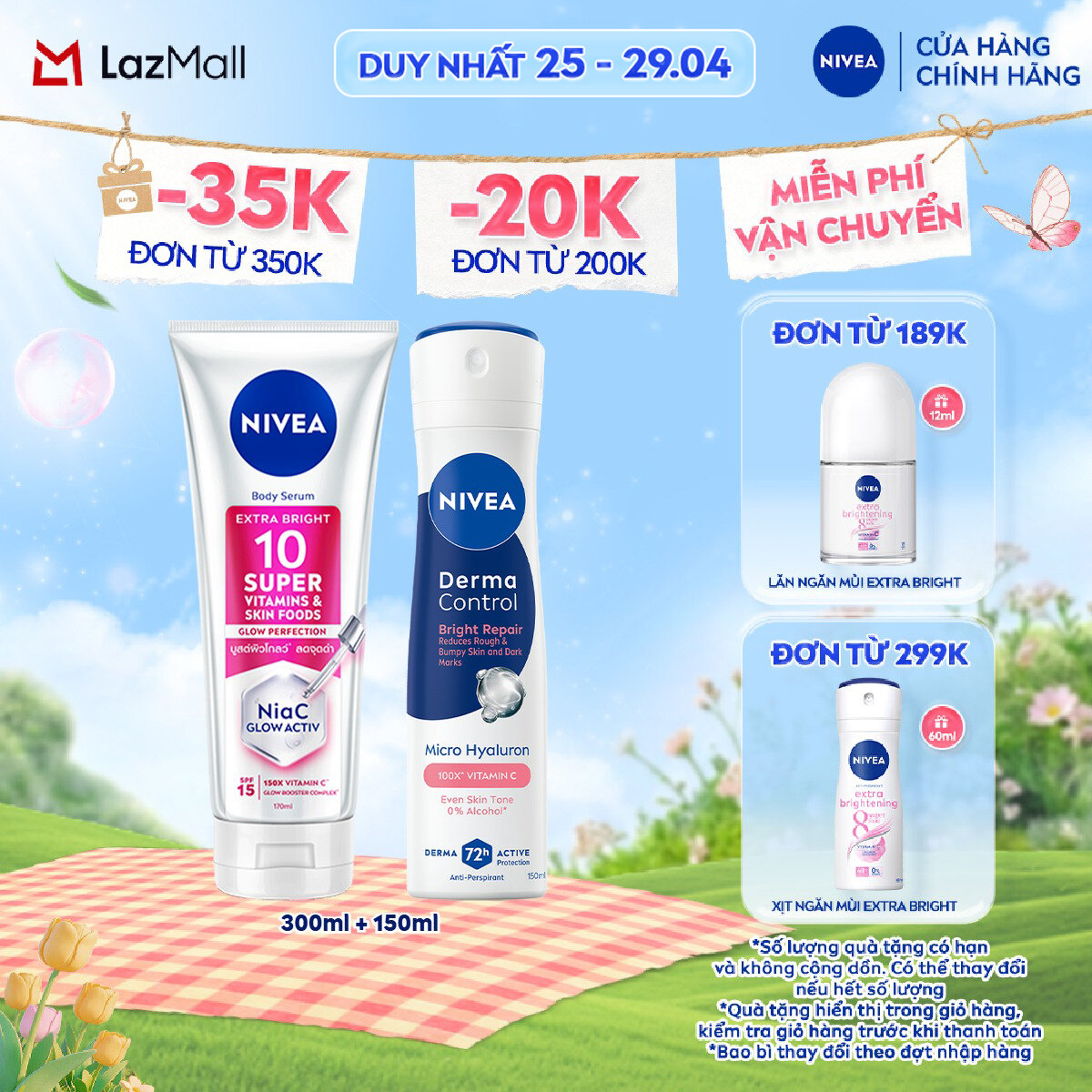 Bộ Serum Dưỡng Thể NIVEA 10 Super Vitamins  Skin Foods Sáng Da 300ml và Xịt Ngăn Mùi NIVEA Derma Control Defend Dưỡng Sáng Đều Màu 150ml