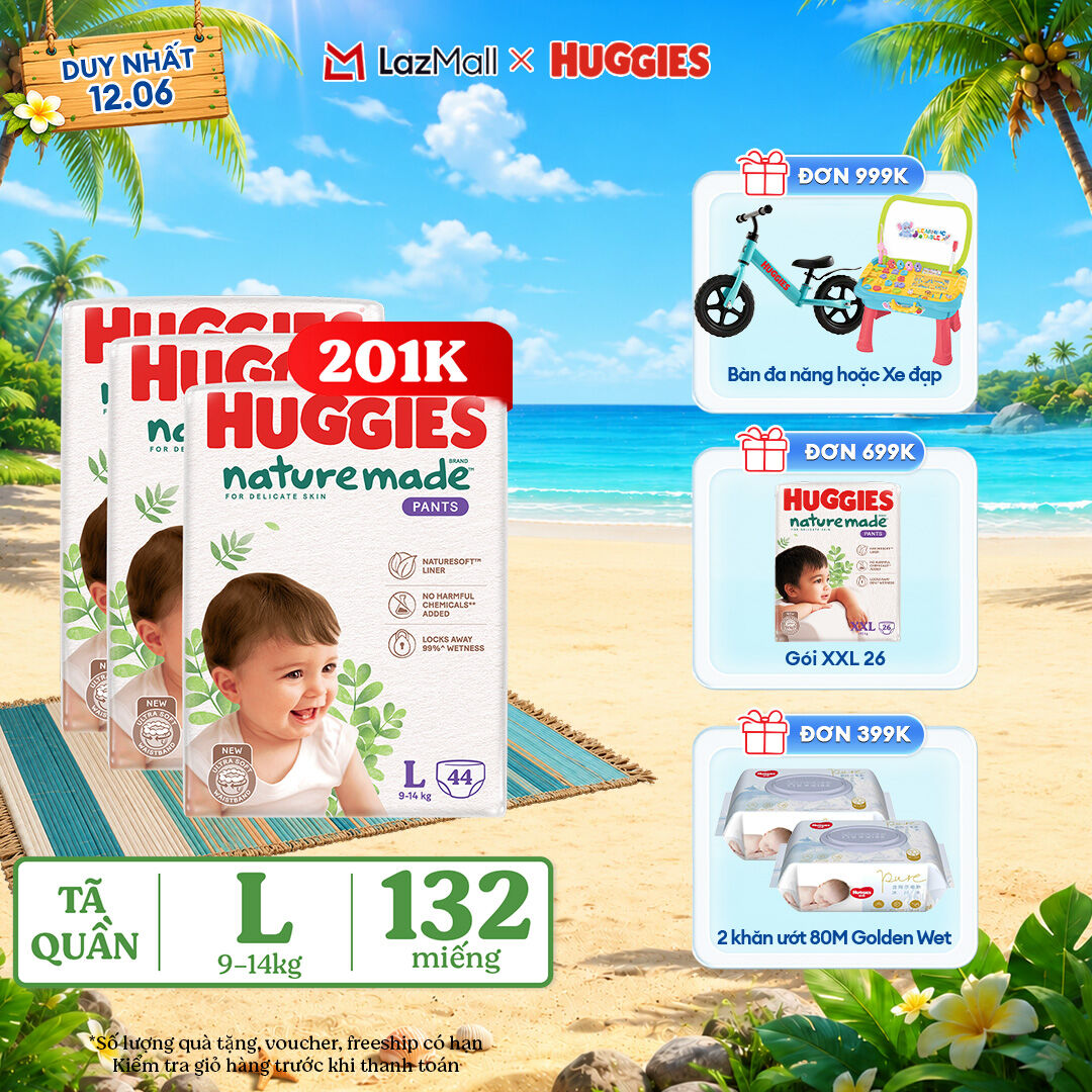 [Chỉ 22-24.06 QUÀ TẶNG ĐƠN 399K](Mua 1 tặng 1)  Combo 3 Tã/Bỉm quần HUGGIES PLATINUM NatureMade L44 (9-14kg)-Gói Jumbo 44 miếng