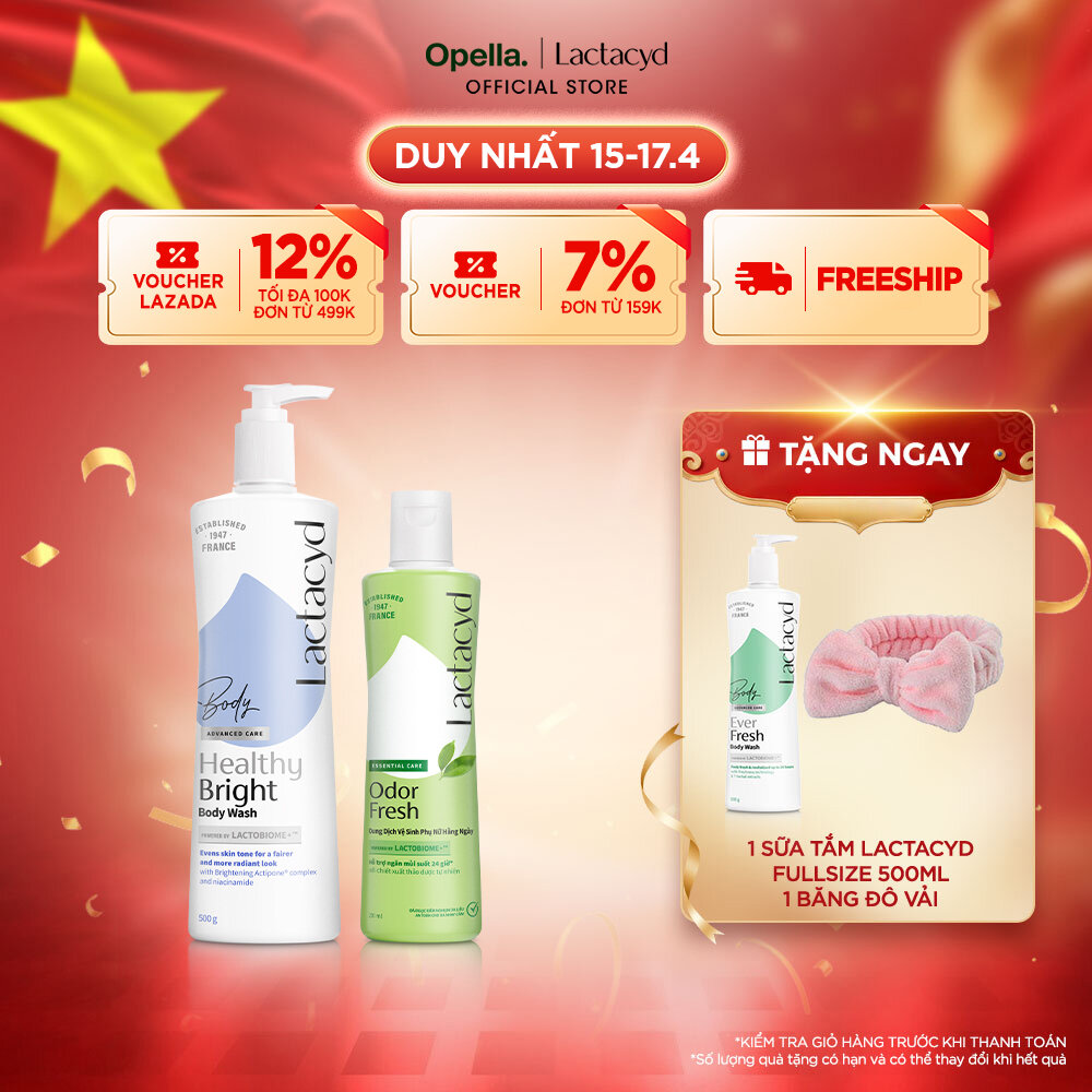 Bộ 1 Sữa tắm Lactacyd Healthy Bright làm đều màu da, mang lại làn da sáng khỏe, rạng rỡ và tự tin + 1 DDVS phụ nữ Lactacyd Odor Fresh 250ml
