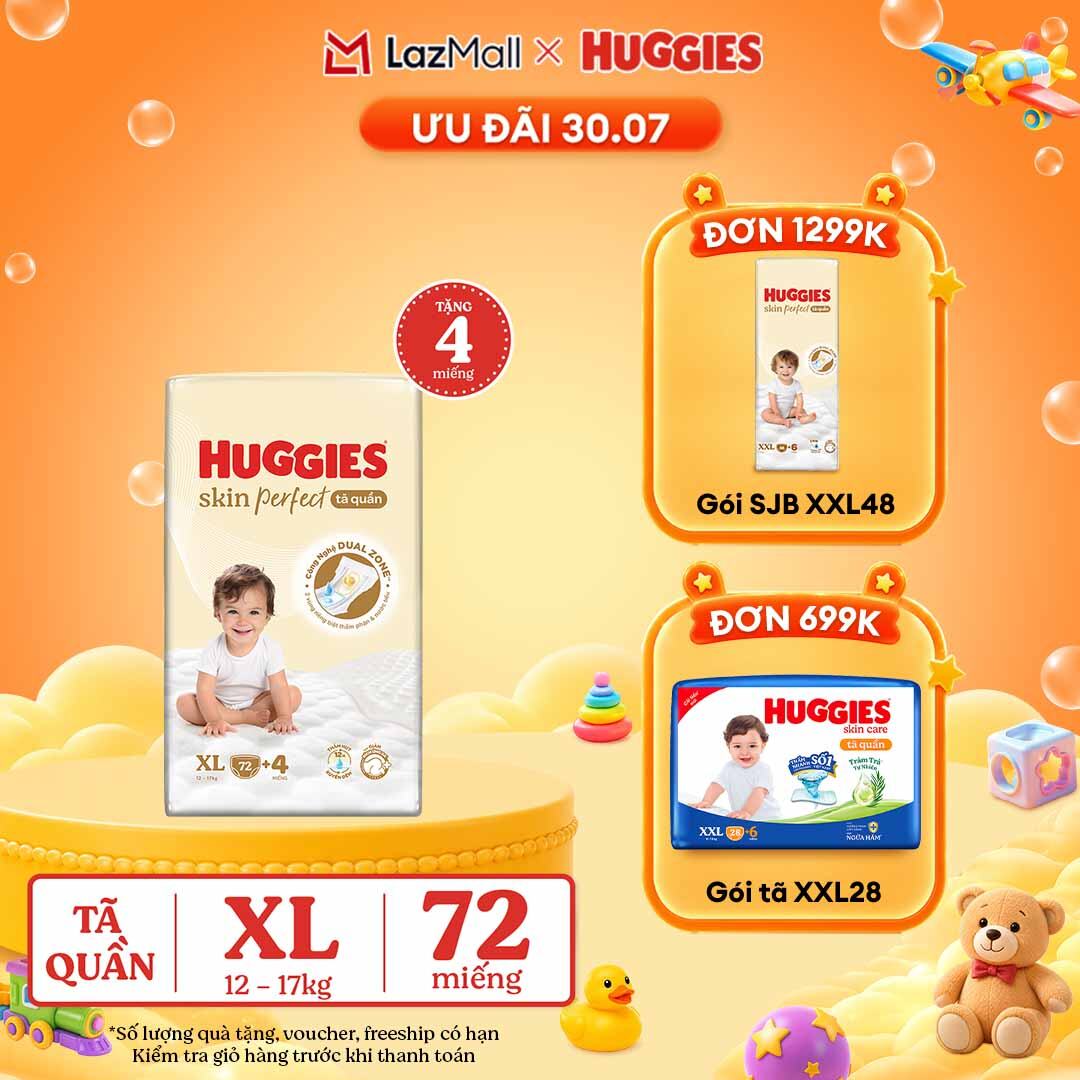 [30.7 QUÀ TẶNG ĐH 699K]  Tã quần Huggies Skin Perfect XL Mega Jumbo 72+4 miếng với 2 vùng thấm giảm kích ứng da