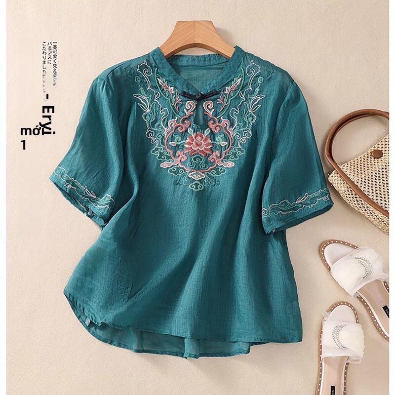 Áo Sơ Mi Vải Lanh Cotton Thêu Tay Ngắn Mùa Hè Cho Phụ Nữ Thời Trang Mẹ Cổ Đứng Nút Áo Dài Phong Cách Truyền Thống Trung Quốc