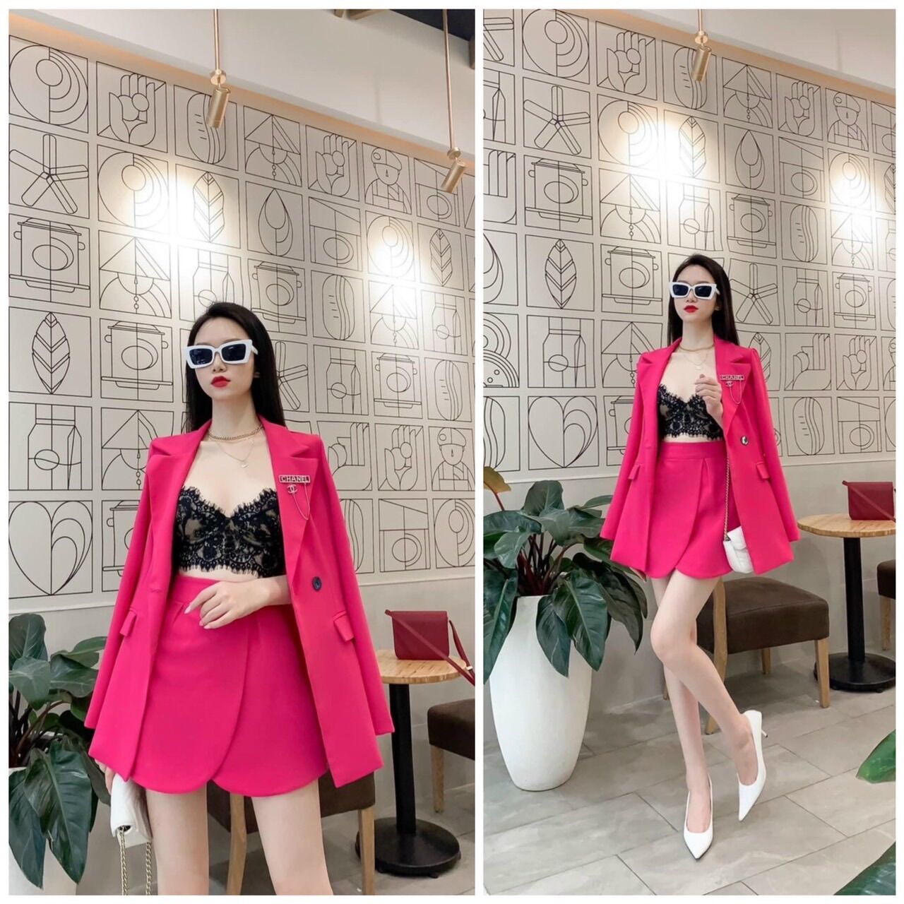 Set vest 3 món: áo vest + áo bra + chân váy áo blazer - shop táo đỏ bigsize
