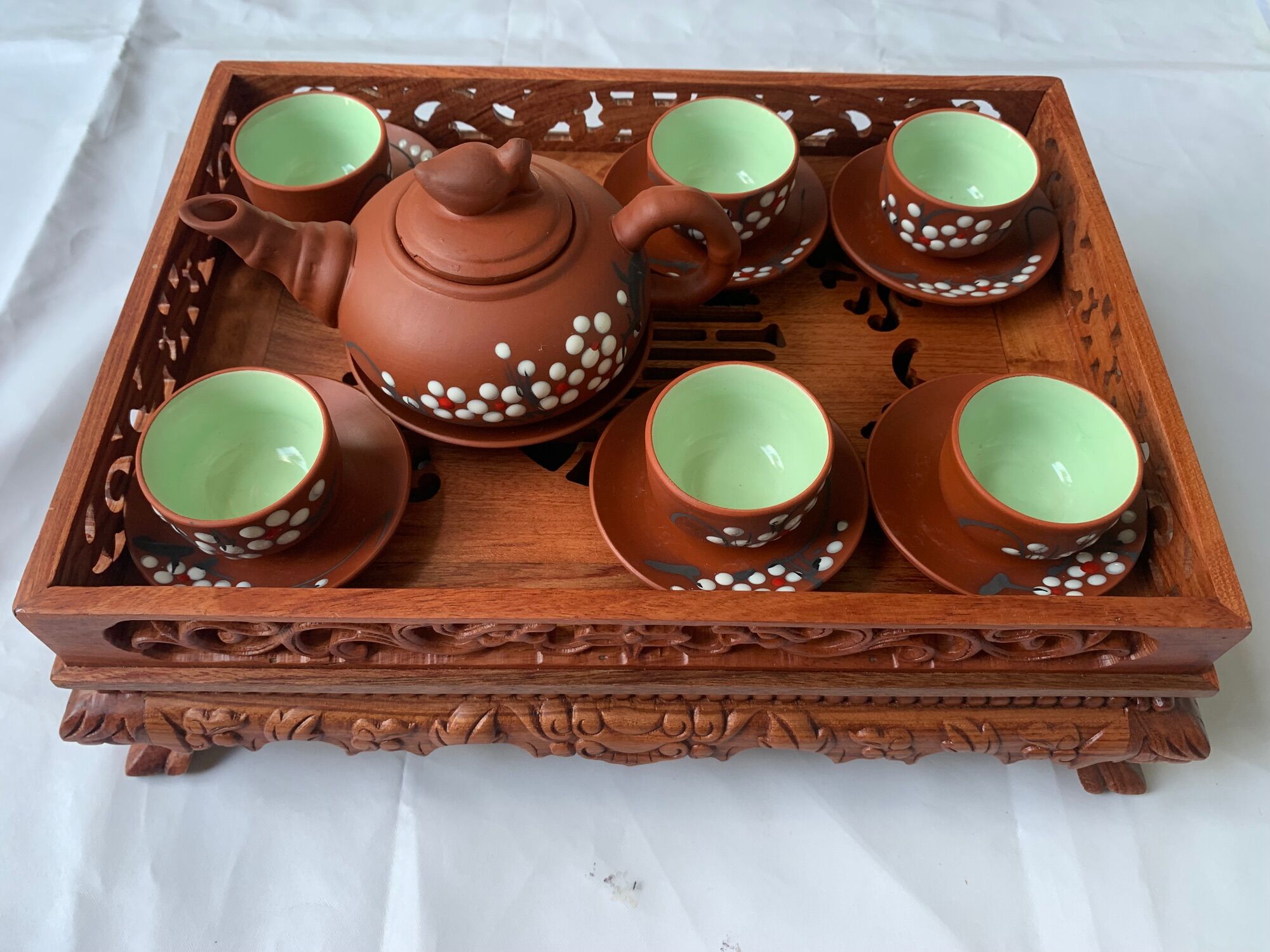 Bộ Ấm Chén Bát Tràng Tử Sa Màu Gỗ In Hoa Mai