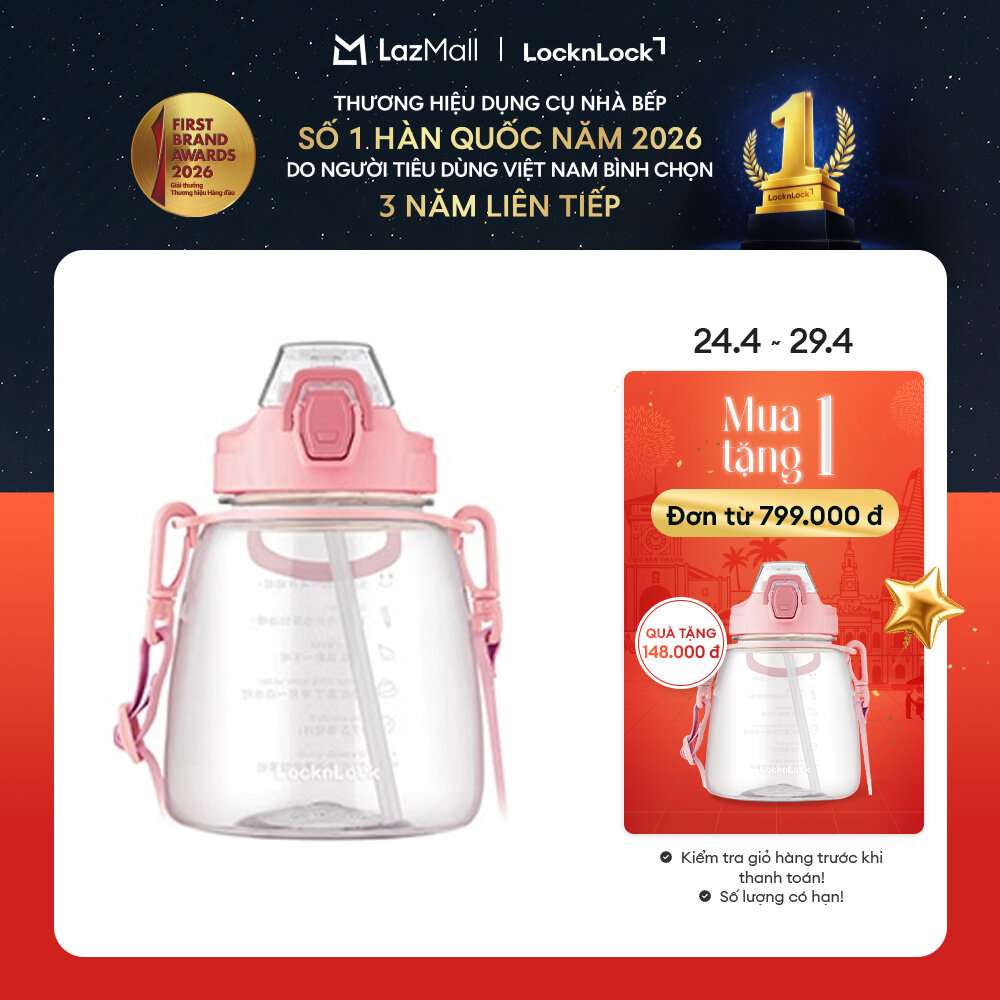 Bình Nhựa Trẻ Em LocknLock - ABF648LPIK Plastic Water Bottle 1.2L - Kèm ống hút và dây đeo - Màu hồng