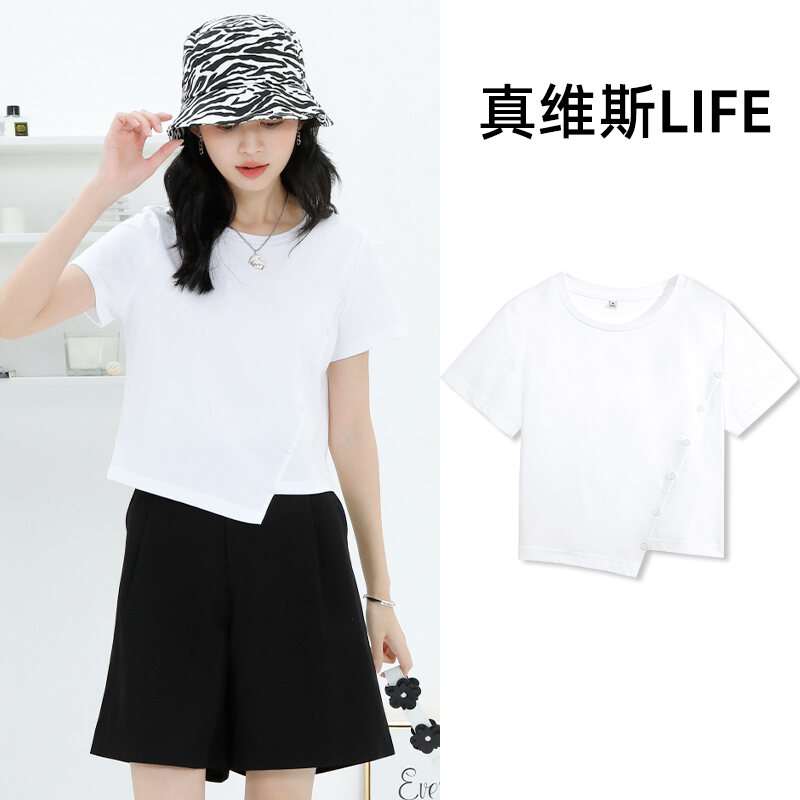 Jean West Áo Thun Nữ Tay Ngắn Nữ Mùa Hè 2024 Thiết Kế Mới Mỹ Ngọt Cay Ngắn Cổ Tròn Cotton 100%