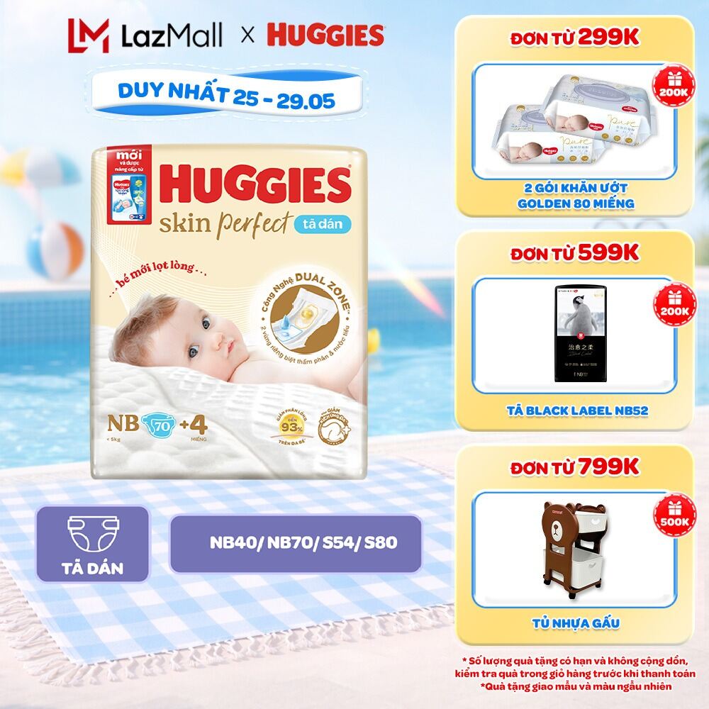 Tã/Bỉm Dán Sơ Sinh Huggies Skin Perfect NB/S/M với 2 Vùng Thấm Giảm Kích Ứng Da