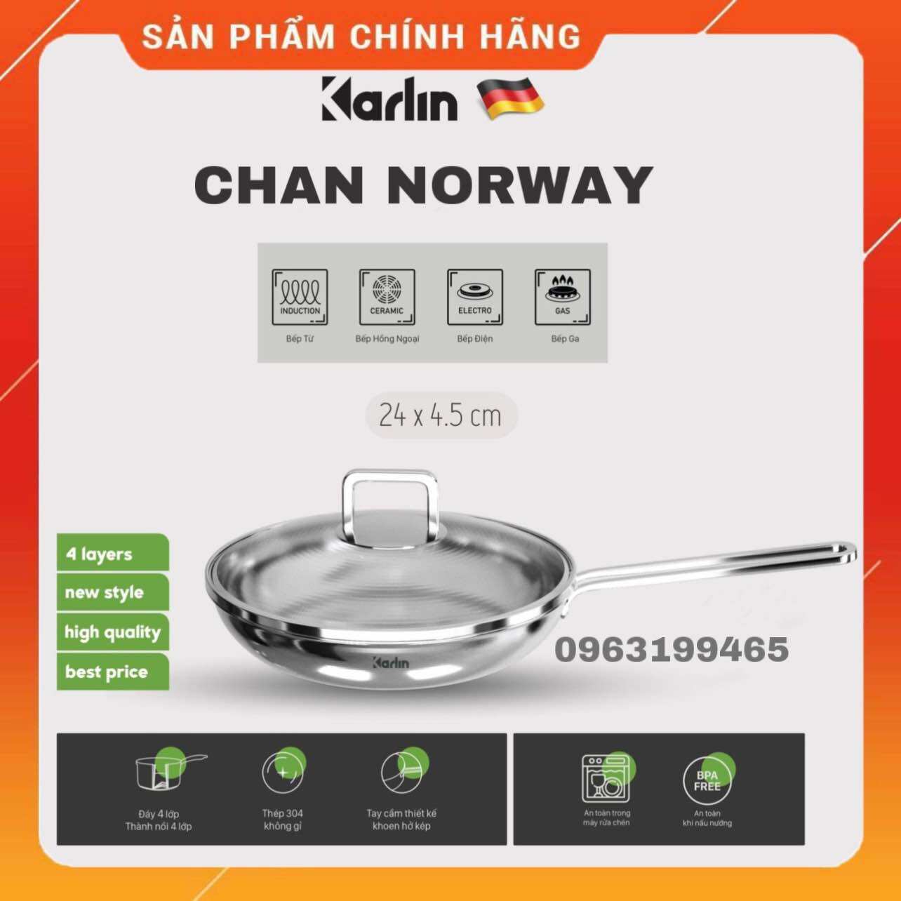 Chảo inox karlin p4 đáy 4 lớp - inox 304 - size 24cm - thương hiệu đức 🇩🇪
