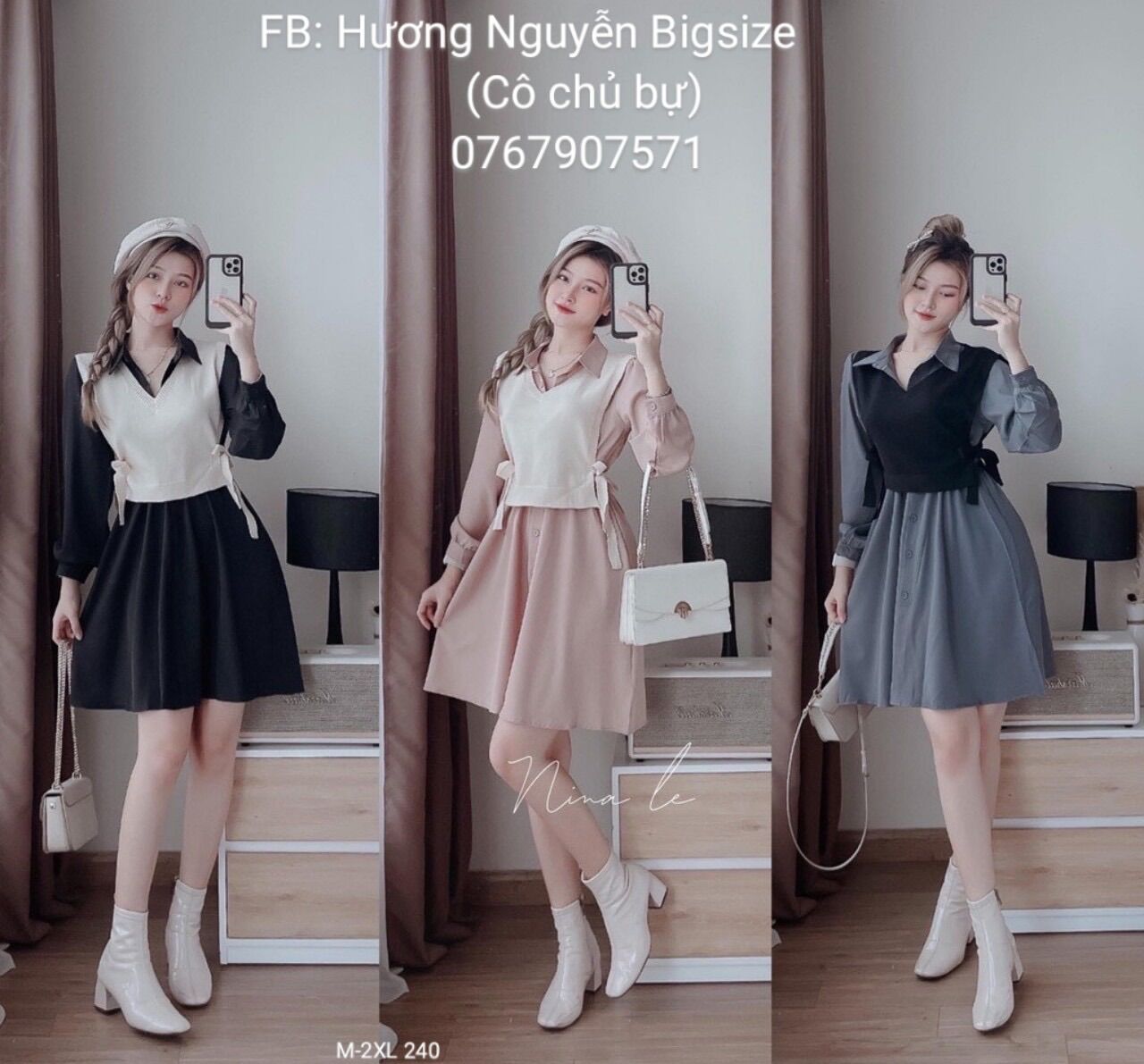 50-95kg bigsize đầm sơ mi phối áo ghile
