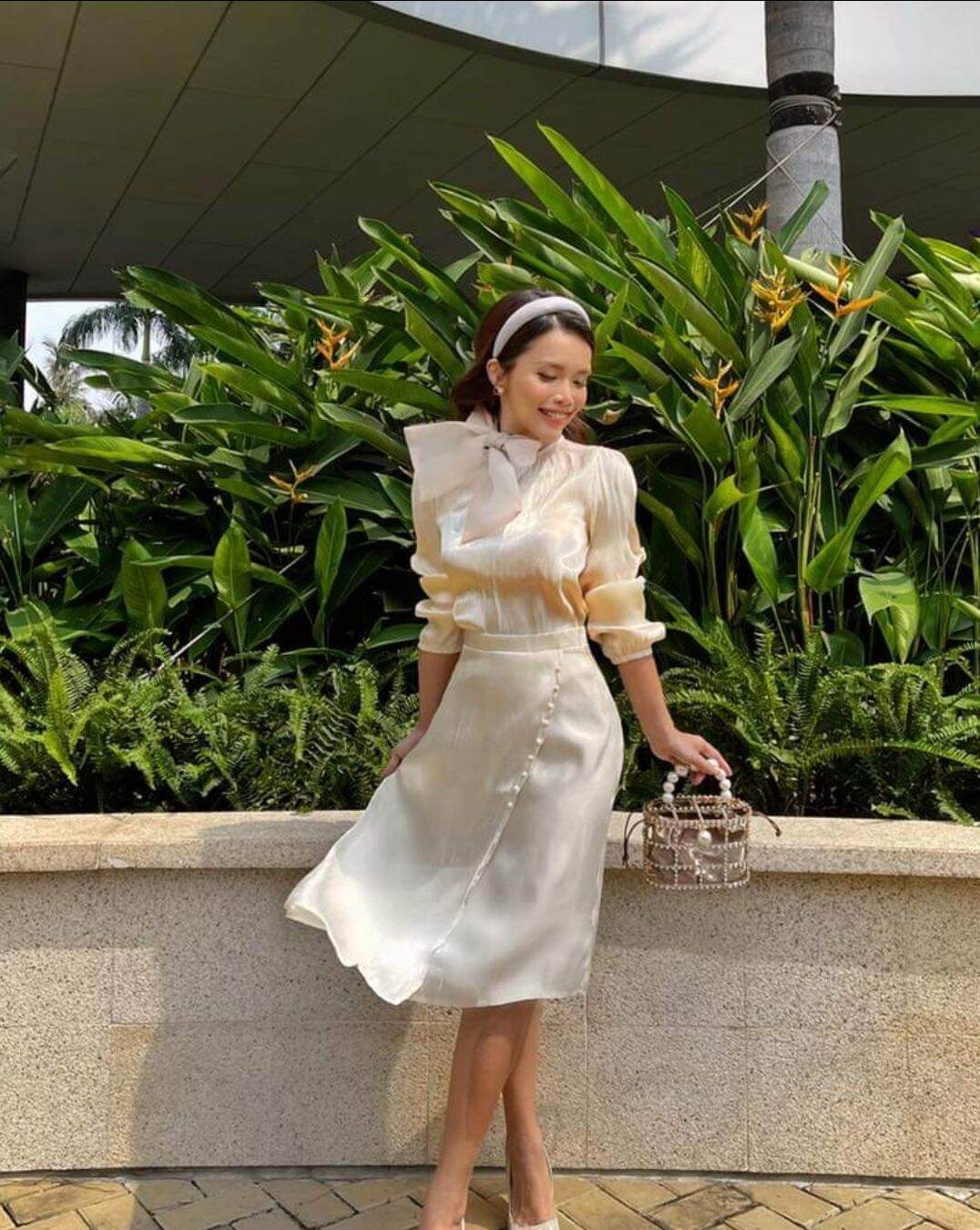 [HCM][STUNNING] Set lụa organza áo cổ tròn chân váy midi