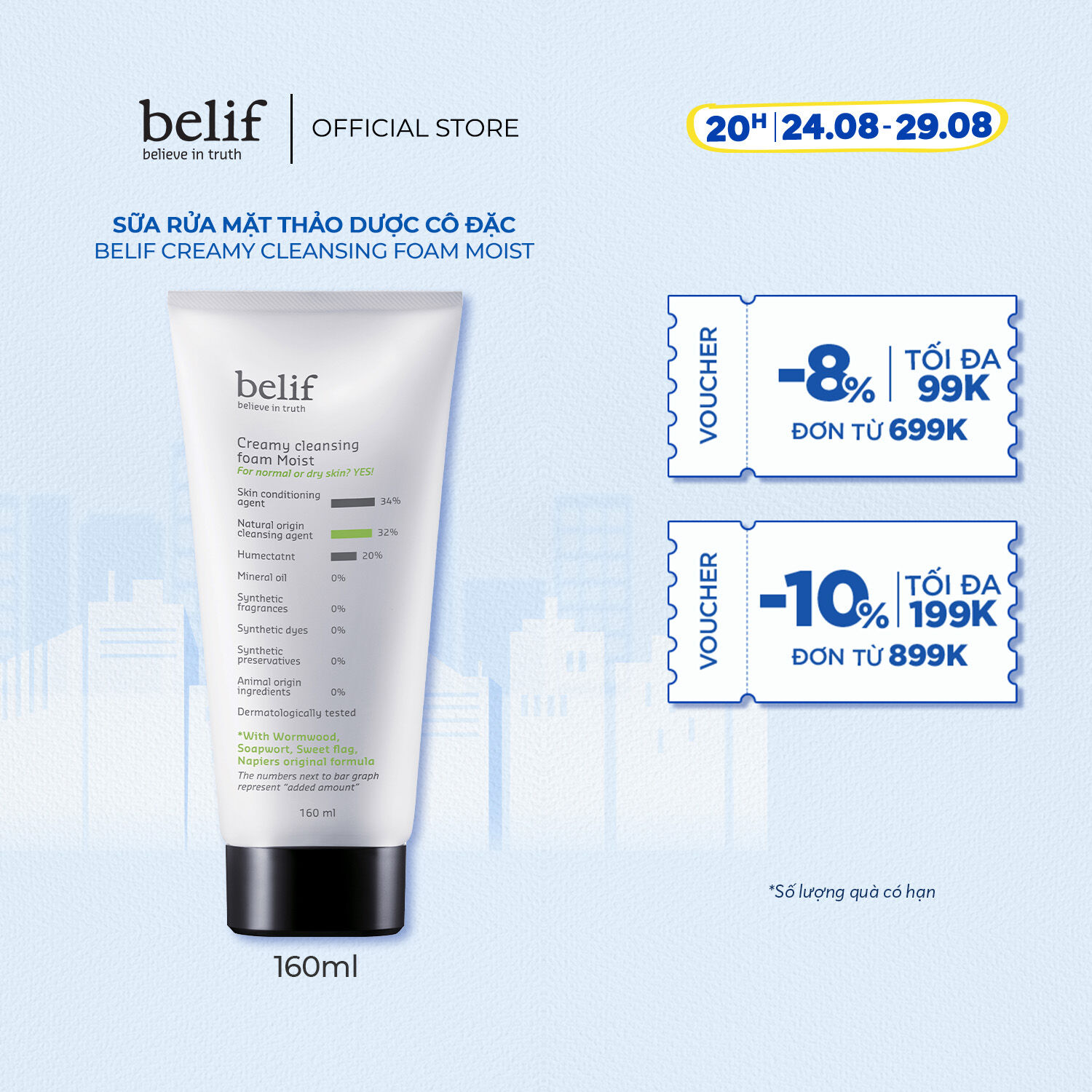 Sữa rửa mặt thảo dược cô đặc Belif Creamy Cleansing Foam Moist 160ml