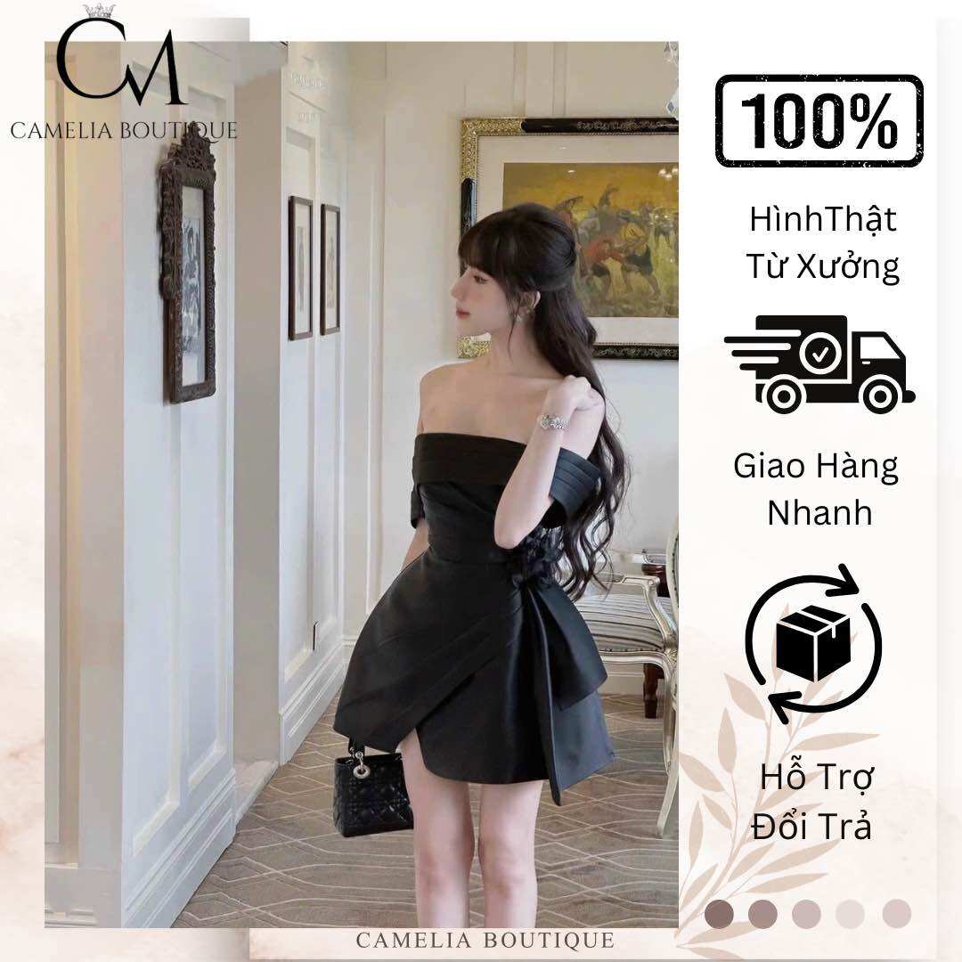 CAMELIA BOUTIQUE- Đầm trễ vai xếp eo hoa KTCS200