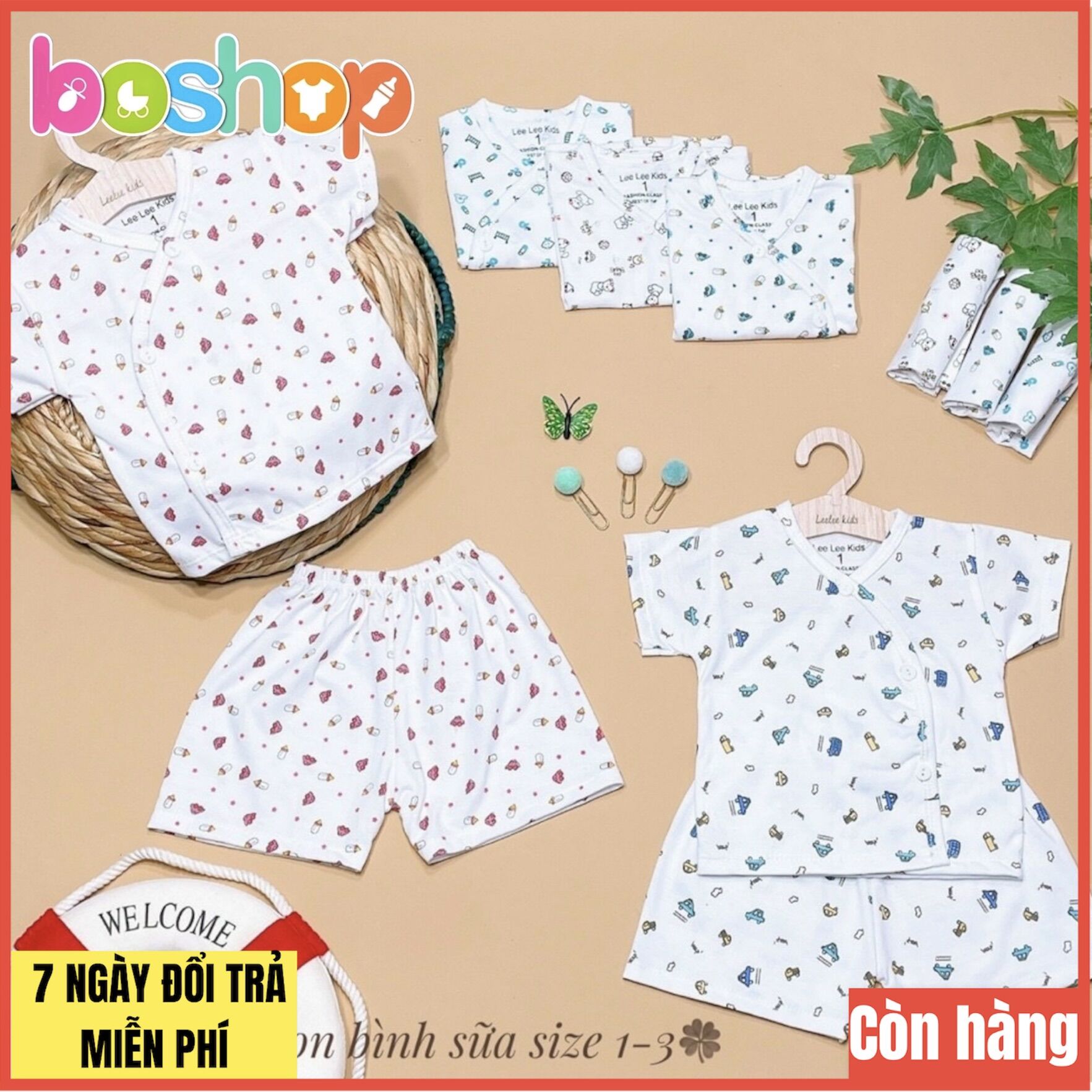 Bộ quần áo cộc tay sơ sinh Leelee kids trắng hoạ tiết cho bé