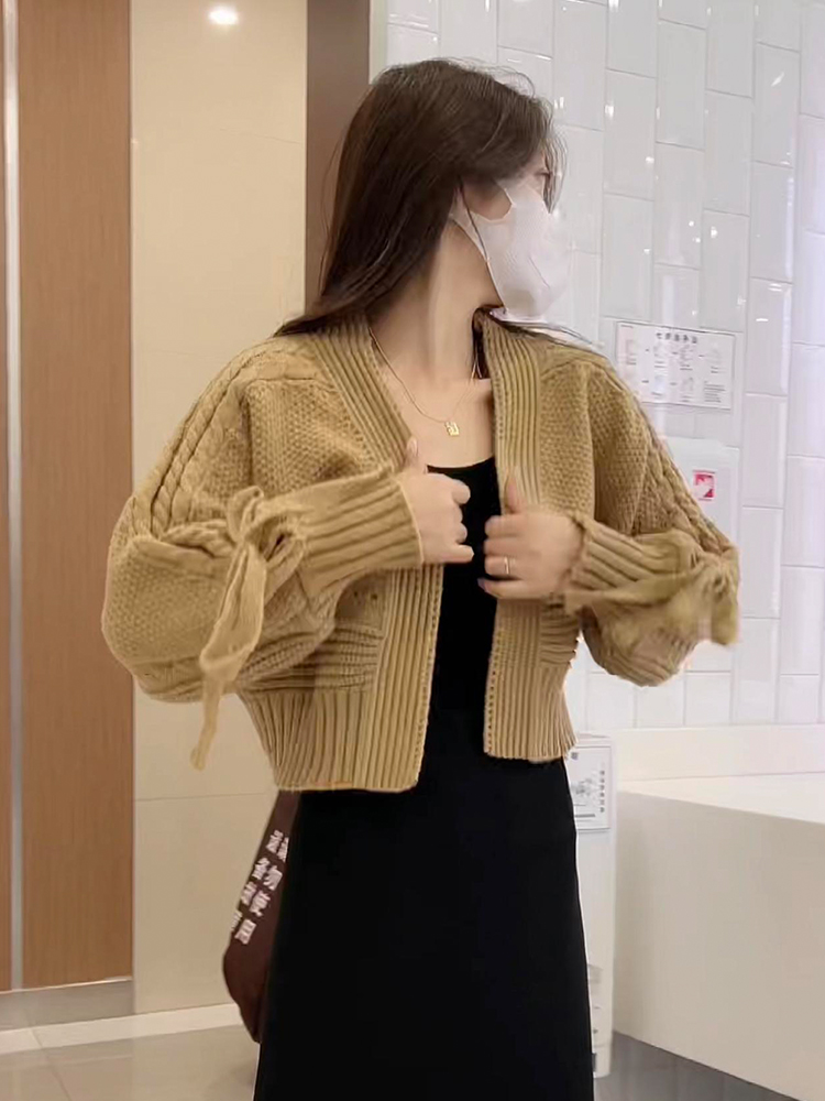 Áo Len Cardigan Dệt Kim Ngắn Có Nơ Bướm Thời Trang Xuân Thu Cho Nữ, Áo Chui Đầu Dài Tay Cổ Chữ V, Dáng Rộng, Chất Liệu Acrylic