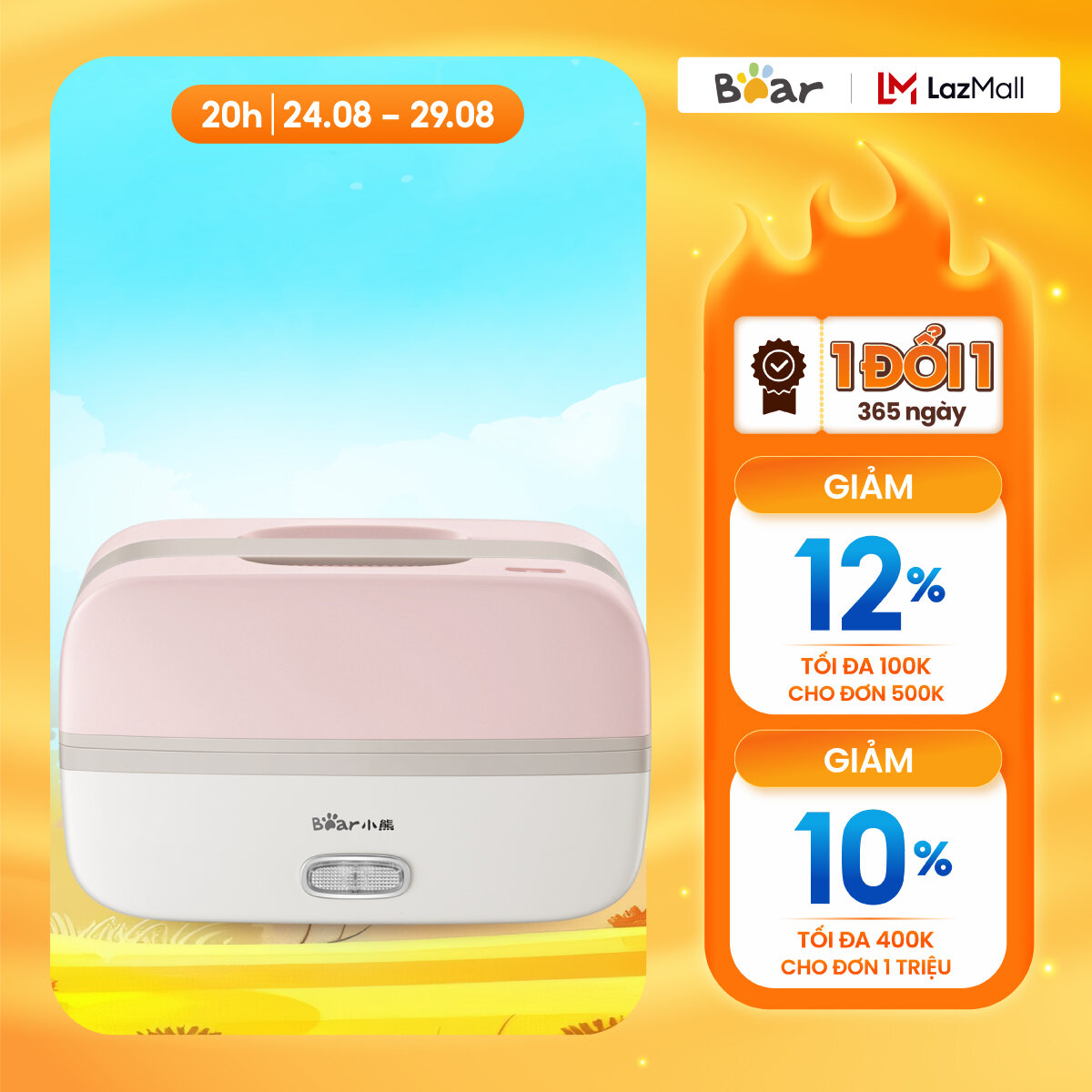 Hộp cơm cắm điện Bear DFH-B10J2 - hộp cơm văn phòng, tự nấu chín, giữ nhiệt - Chính Hãng - BH 18 tháng