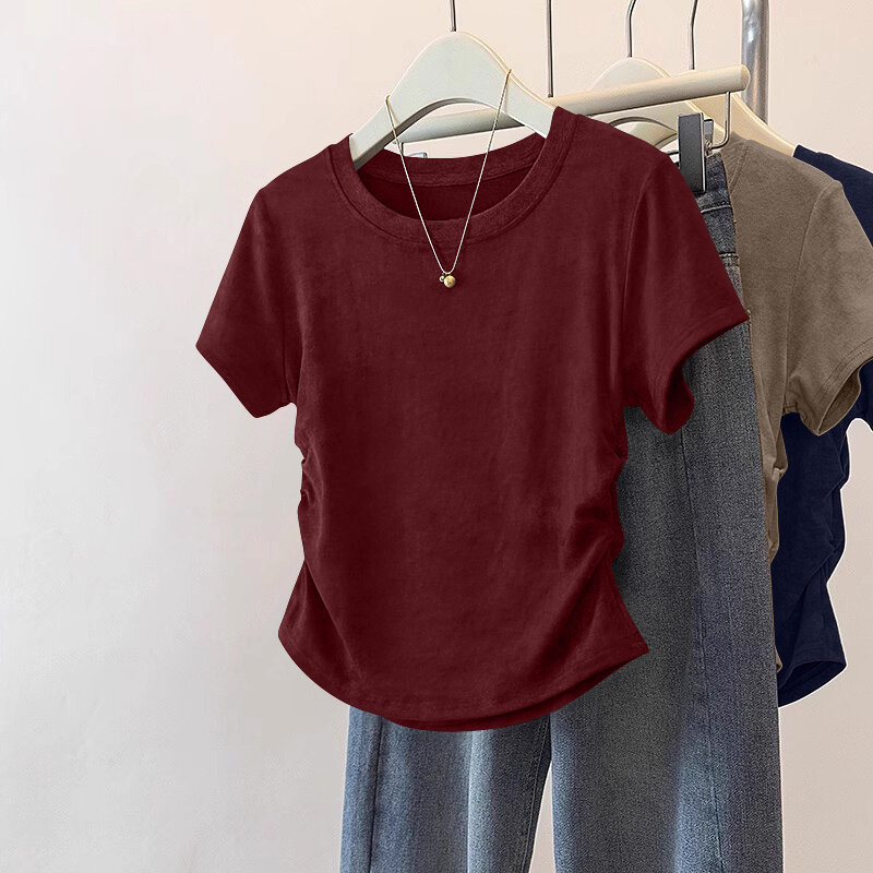 Slim Fit Short Sleeve T-Shirt Women's 2025 New Summer Fashionable Waist-Cinching Design Quality Body-Shaping Versatile Top