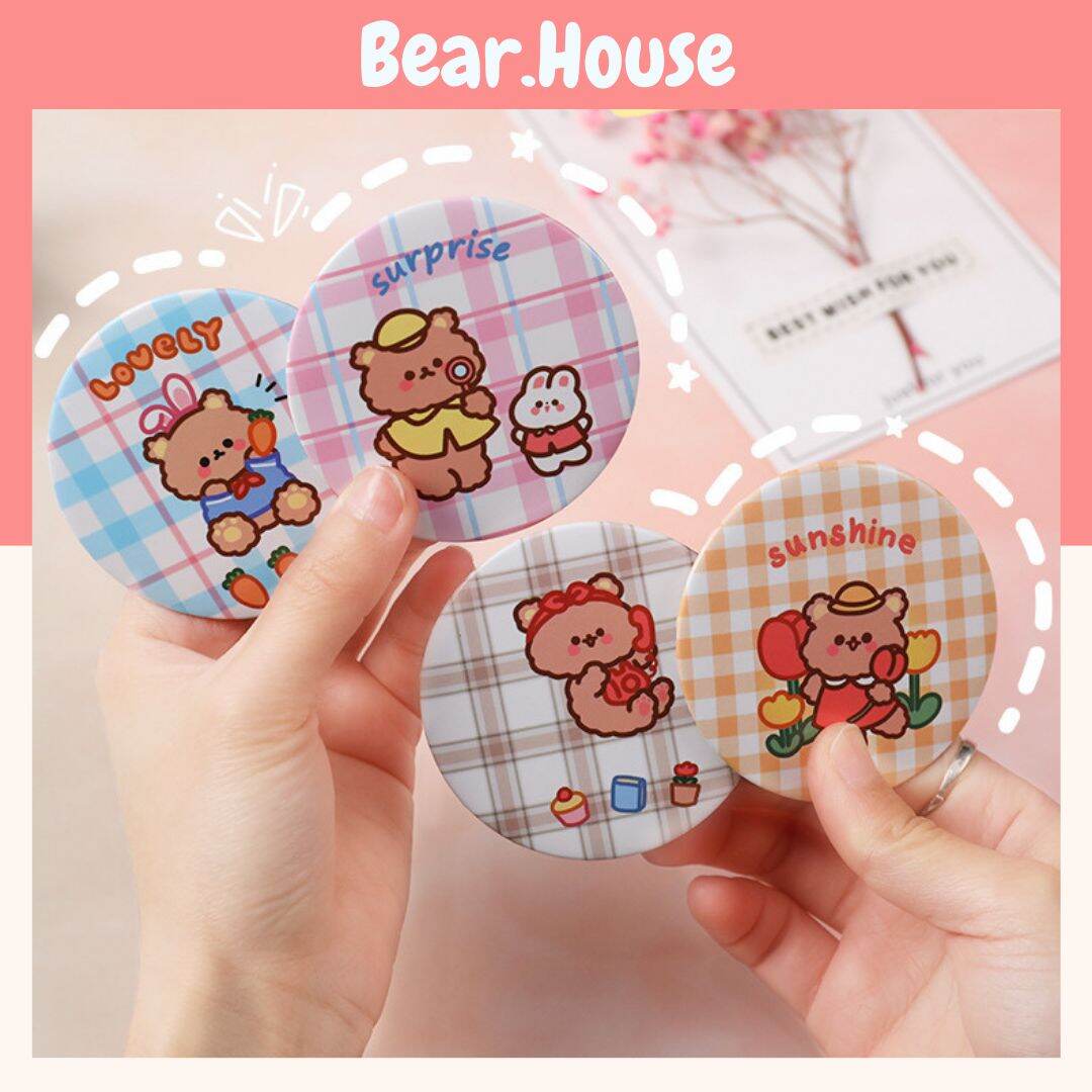 ??gương trang điểm mini 1 mặt cầm tay bỏ túi họa tiết hình gấu nâu dễ thương bear.house