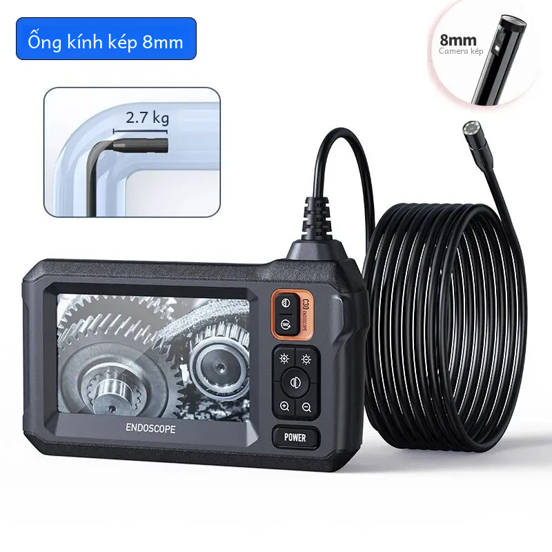 Camera nội soi ống kính đơn kép 1080p 8mm kiểm tra borescope với màn hình ips 4.3 "ip67 pin chống nước 2000mah