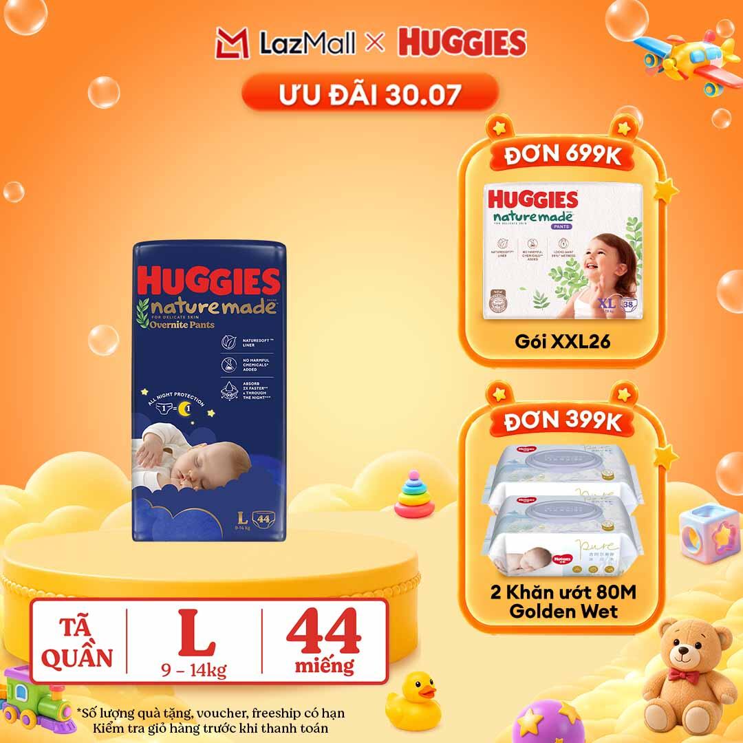 [30.7 QUÀ TẶNG ĐƠN 399K] Tã quần Huggies Naturemade ban đêm L44