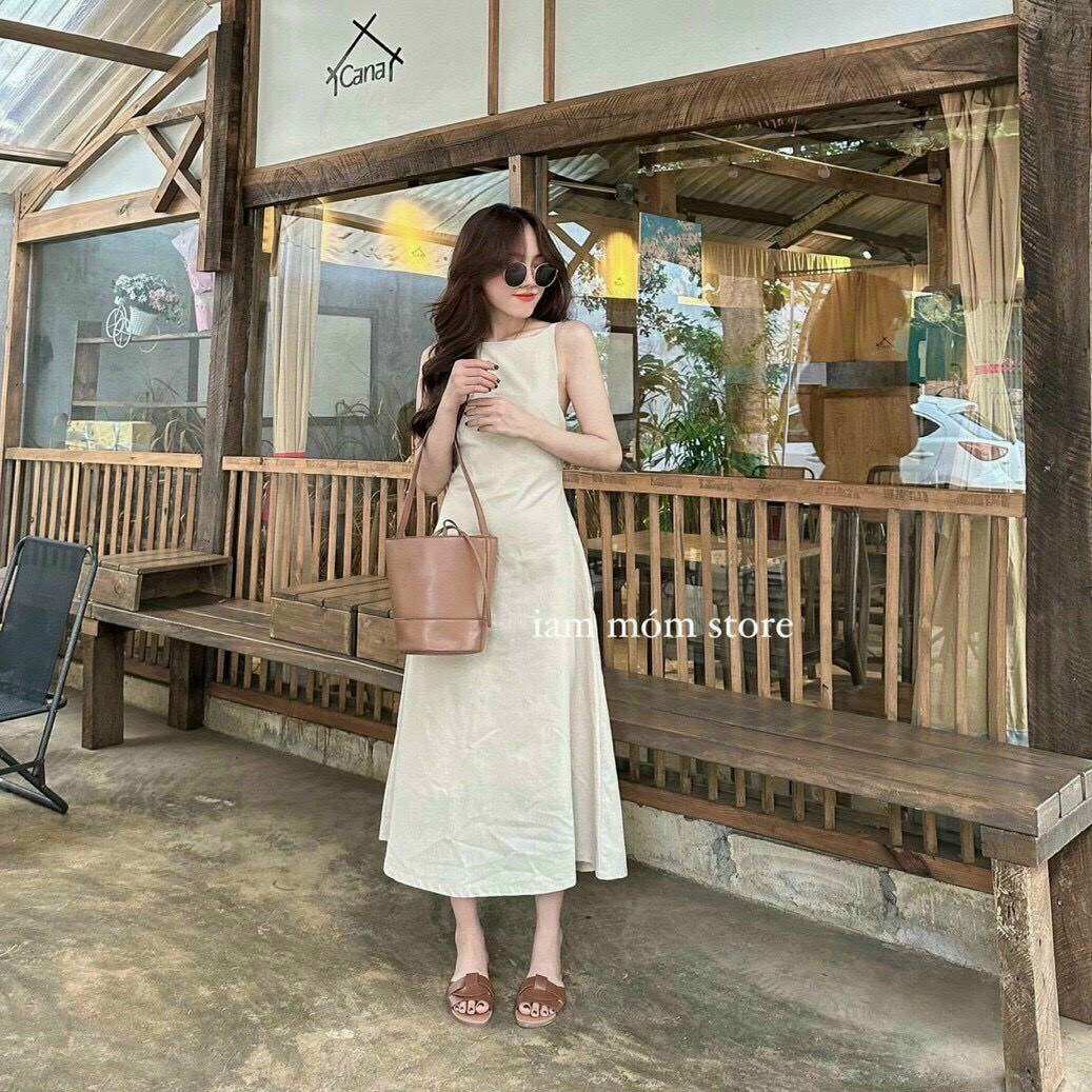 Florence- Đầm midi cổ yếm vải linen hai dây