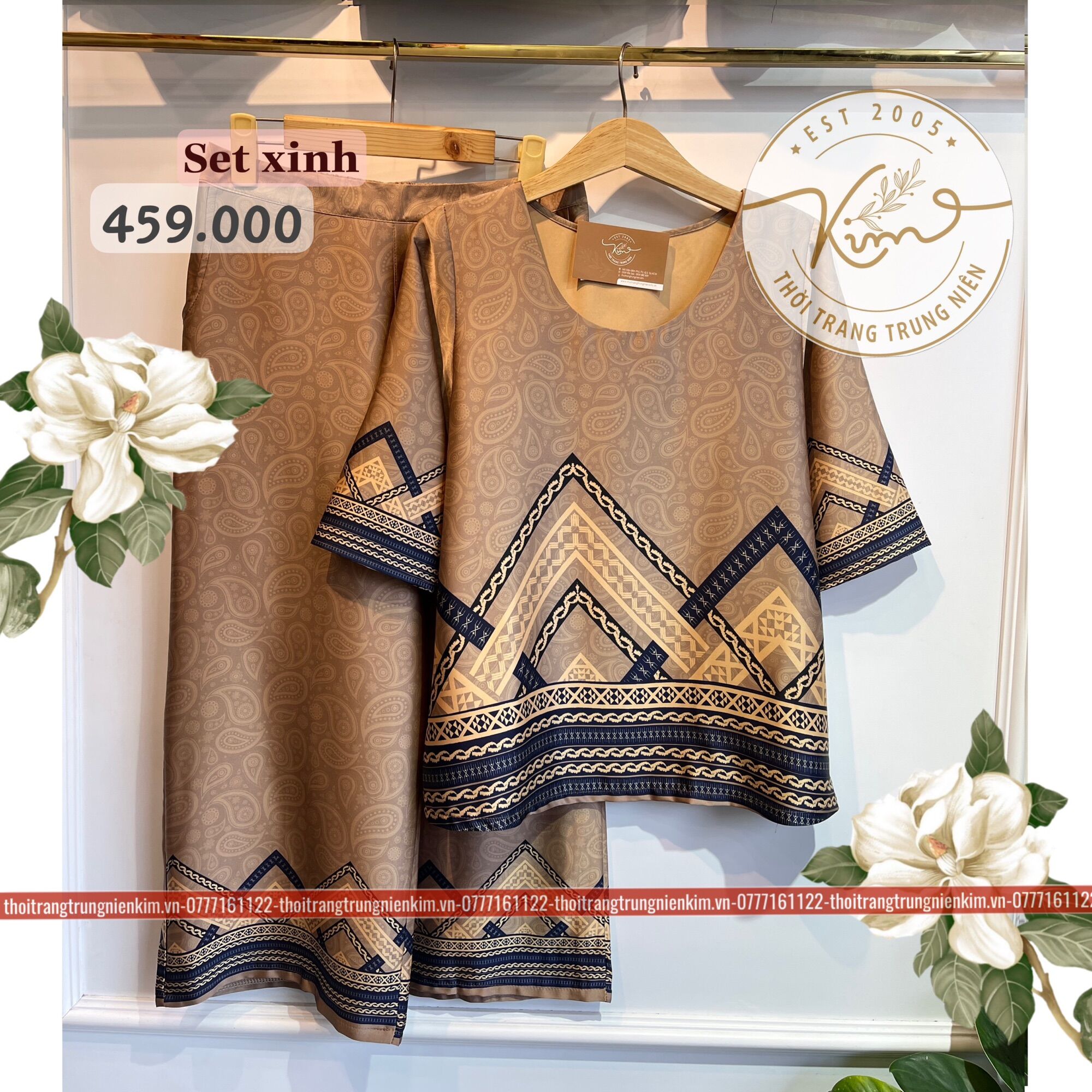 Sét bộ lụa trung niên cao cấp hoa văn hoạ tiết Tribal sang trọng Bigsize quần dài 85c