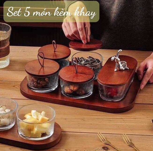 Set 5 hũ thủy tinh đựng hạt mứt kèm nắp khay gỗ nắp thỏ siêu xinh